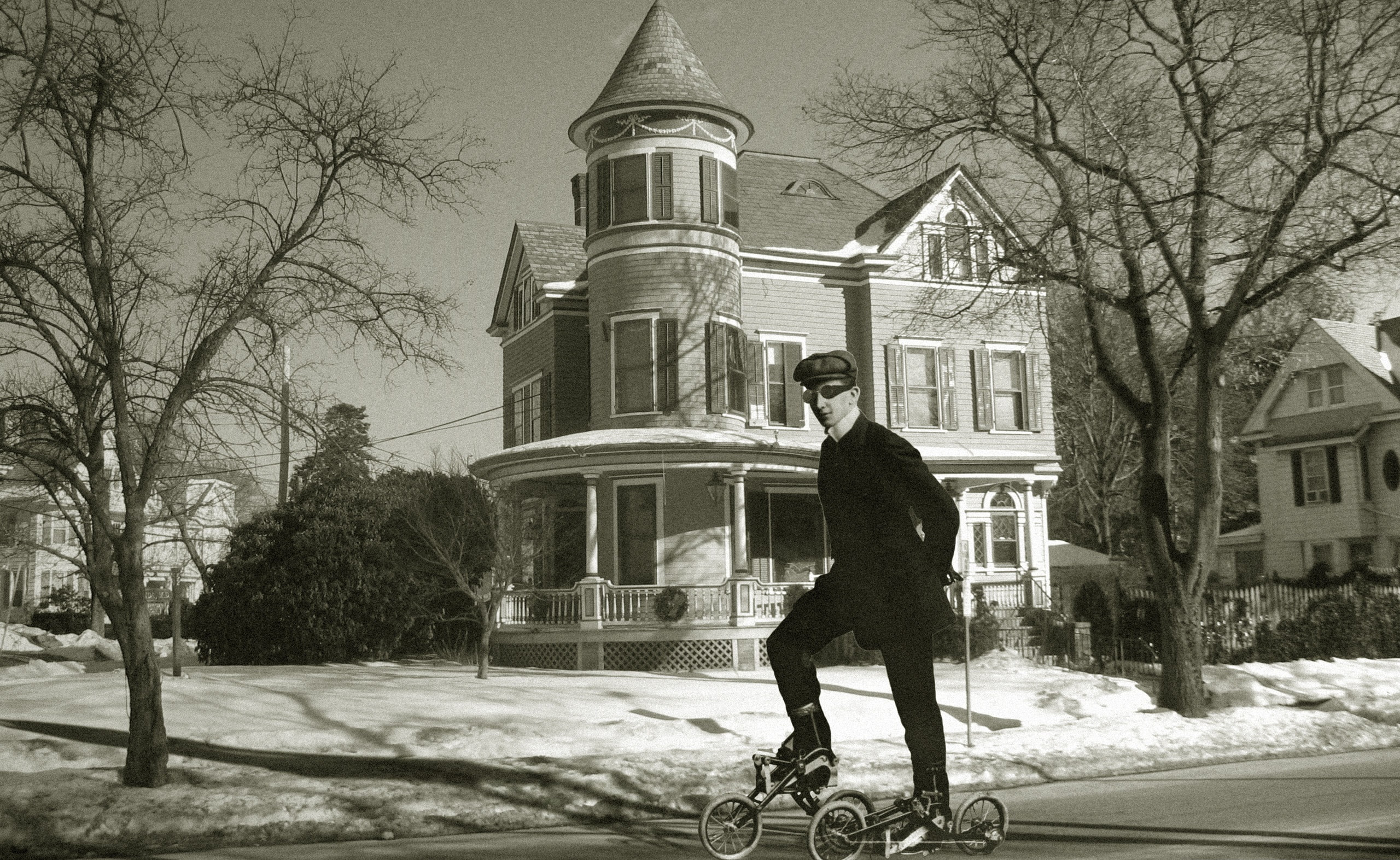 Roller, nature, plant, standing, outdoors, city, Skates, built structure, tree, real people, man, winter, warm clothing, snowing, lifestyles, 2K, snow, HD Wallpaper