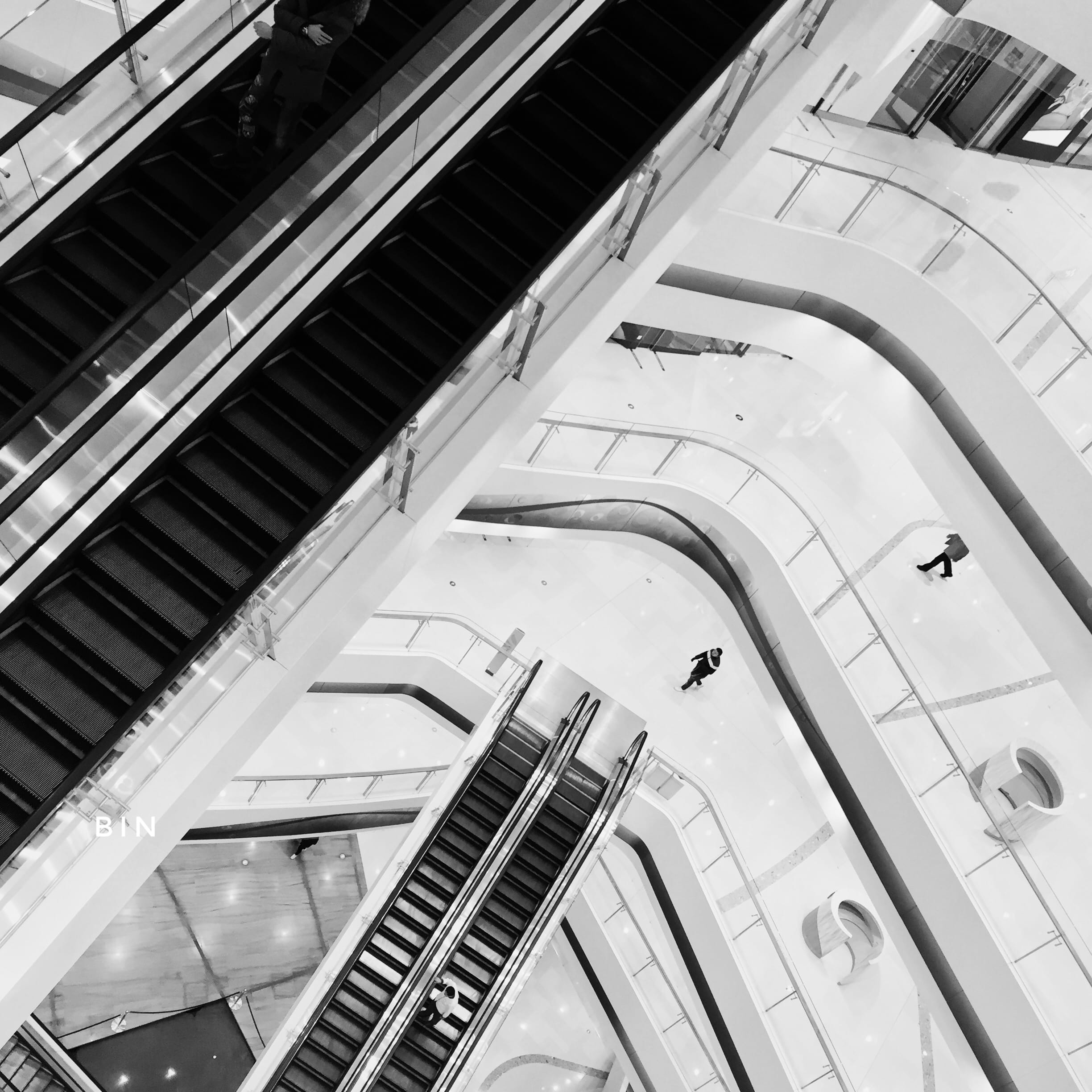 shopping mall, indoors, modern, no people, day, building, built structure, high angle view, escalator, convenience, moving walkway, transportation, empty, Phone HD Wallpaper