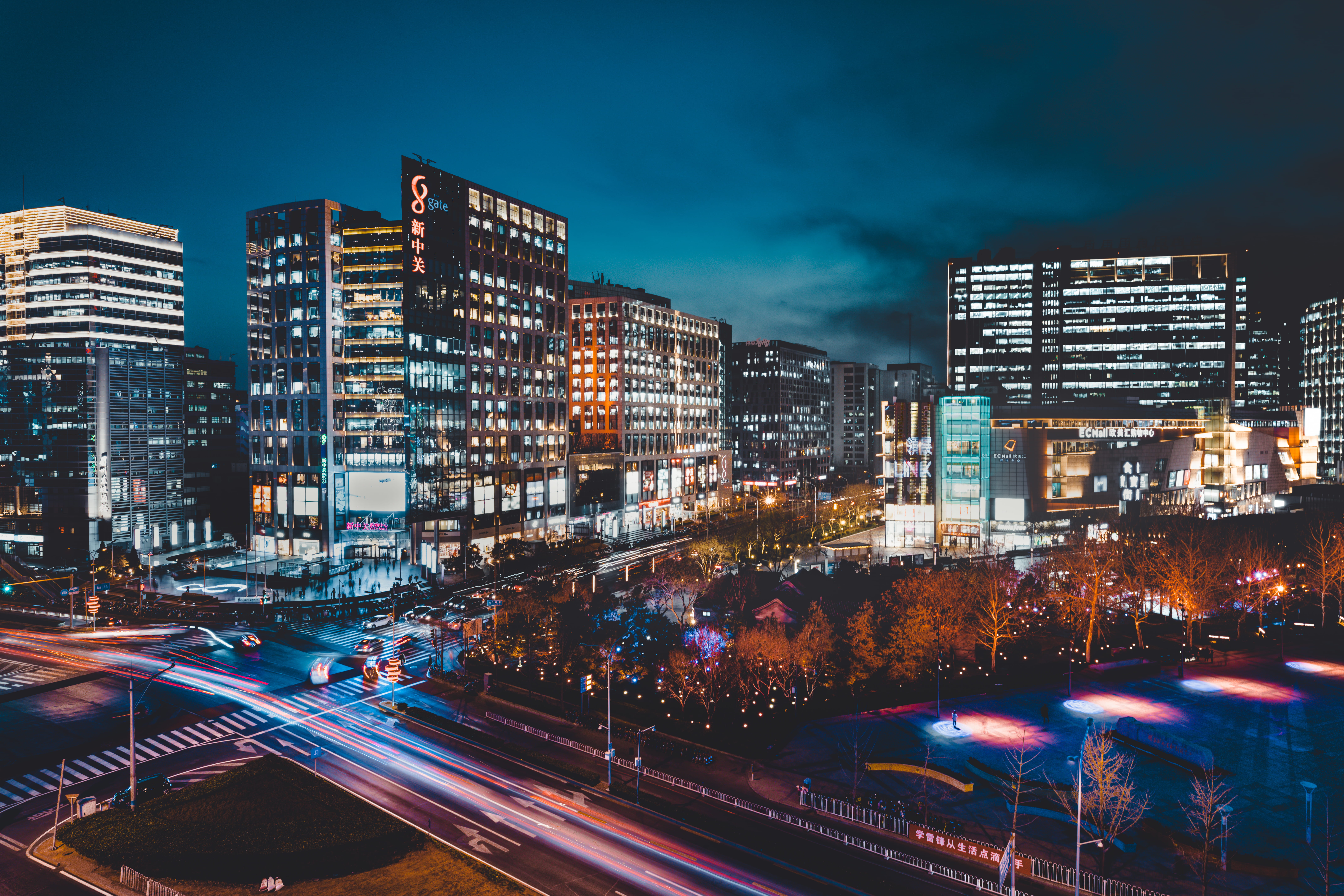8K, night, skyscraper, building exterior, built structure, city, timelapse, sky, building, urban, speed, skyline, motion, road, outdoors, transportation, HD Wallpaper