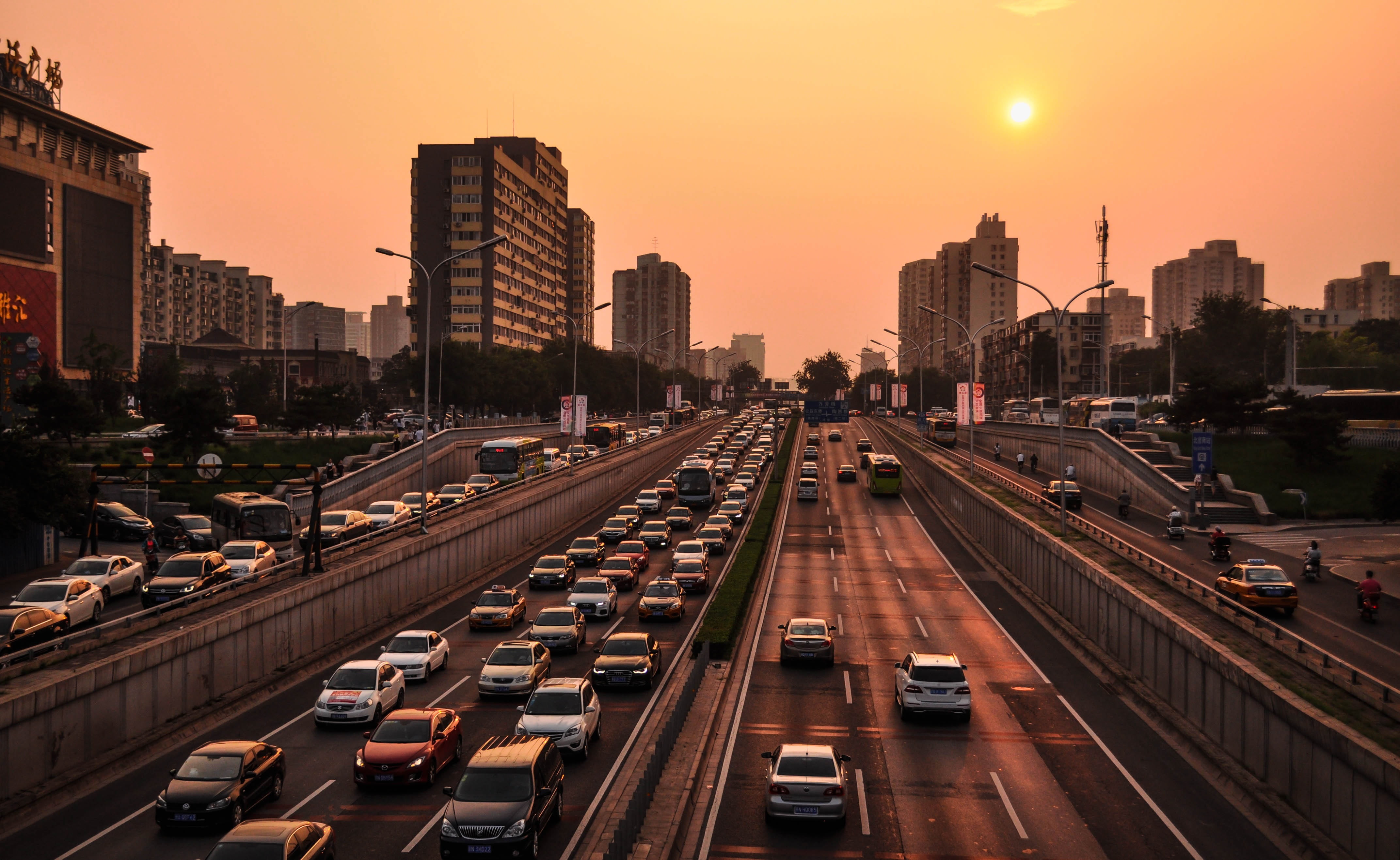 mode of transportation, highway, skyscraper, mode of Transport, high way, beijing, cars, built structure, building exterior, transport, 4K, urban skyline, HD Wallpaper
