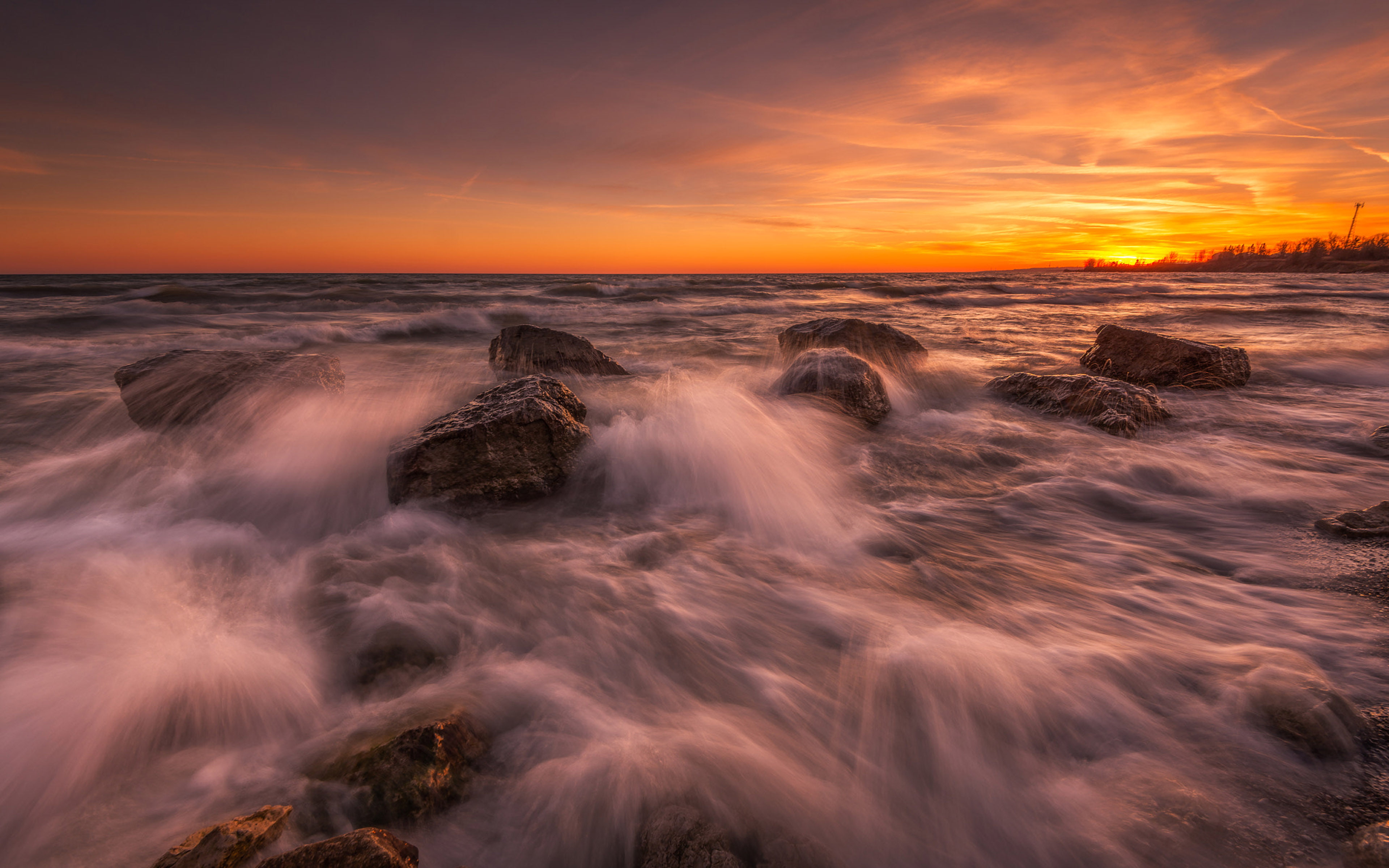 waves, ontario, 4K, canada, clouds, beach, pickering, rocks, red, squires, desktop, sunset, sky, city, hd, HD Wallpaper