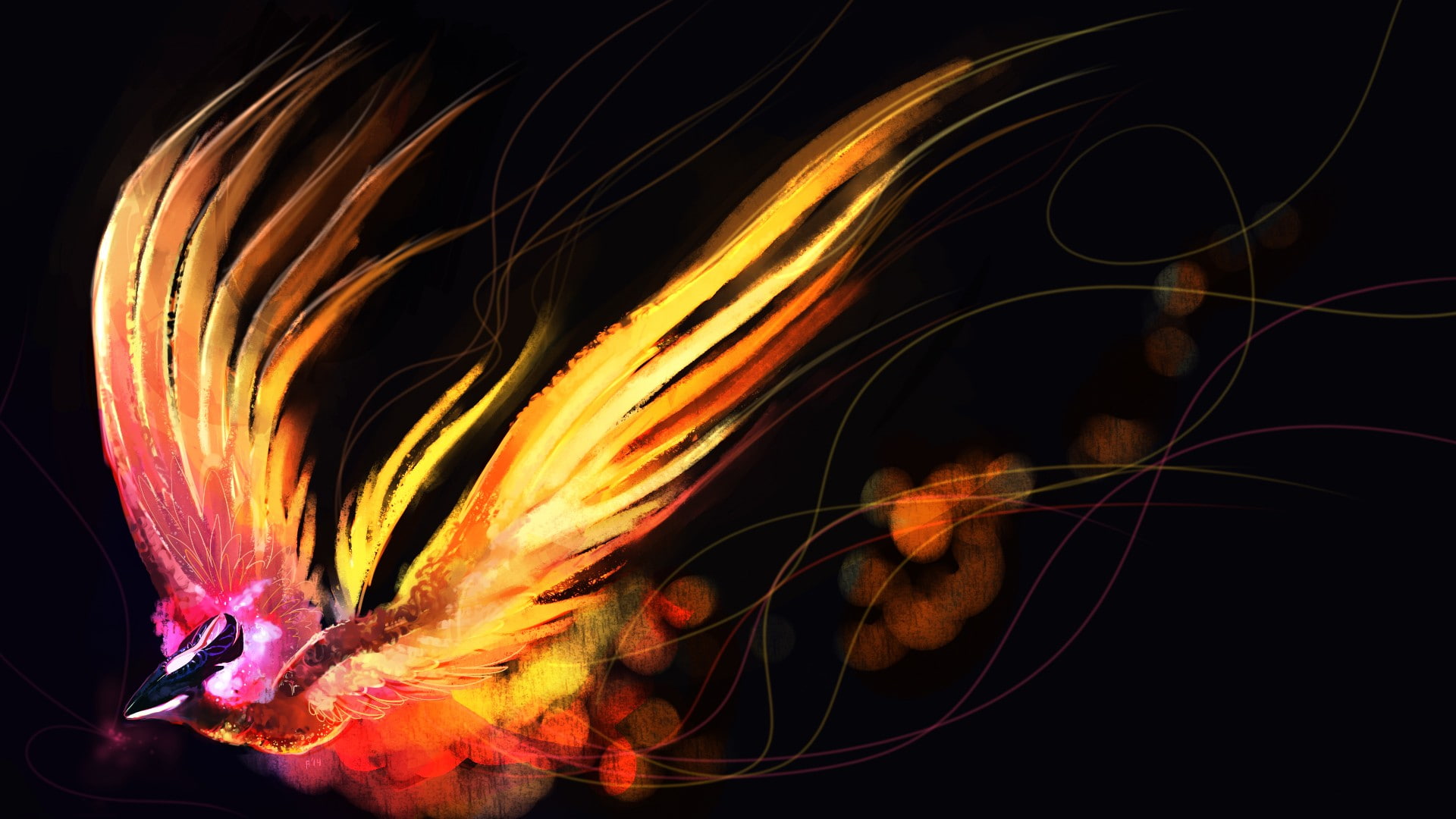 abstract, fantasy art, burning, glowing, fire - natural phenomenon, multi colored, black background, motion, birds, night, long exposure, pheonix, one person, HD Wallpaper