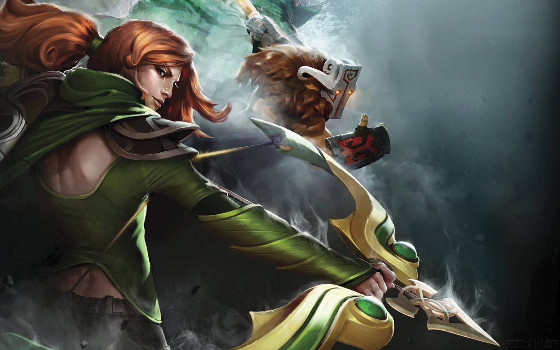 green color, art and craft, fantasy, females, males, 1080P, dota 2, spirituality, indoors, art, belief, windrunner, religion, arrow, smoke - Physical Structure, HD Wallpaper