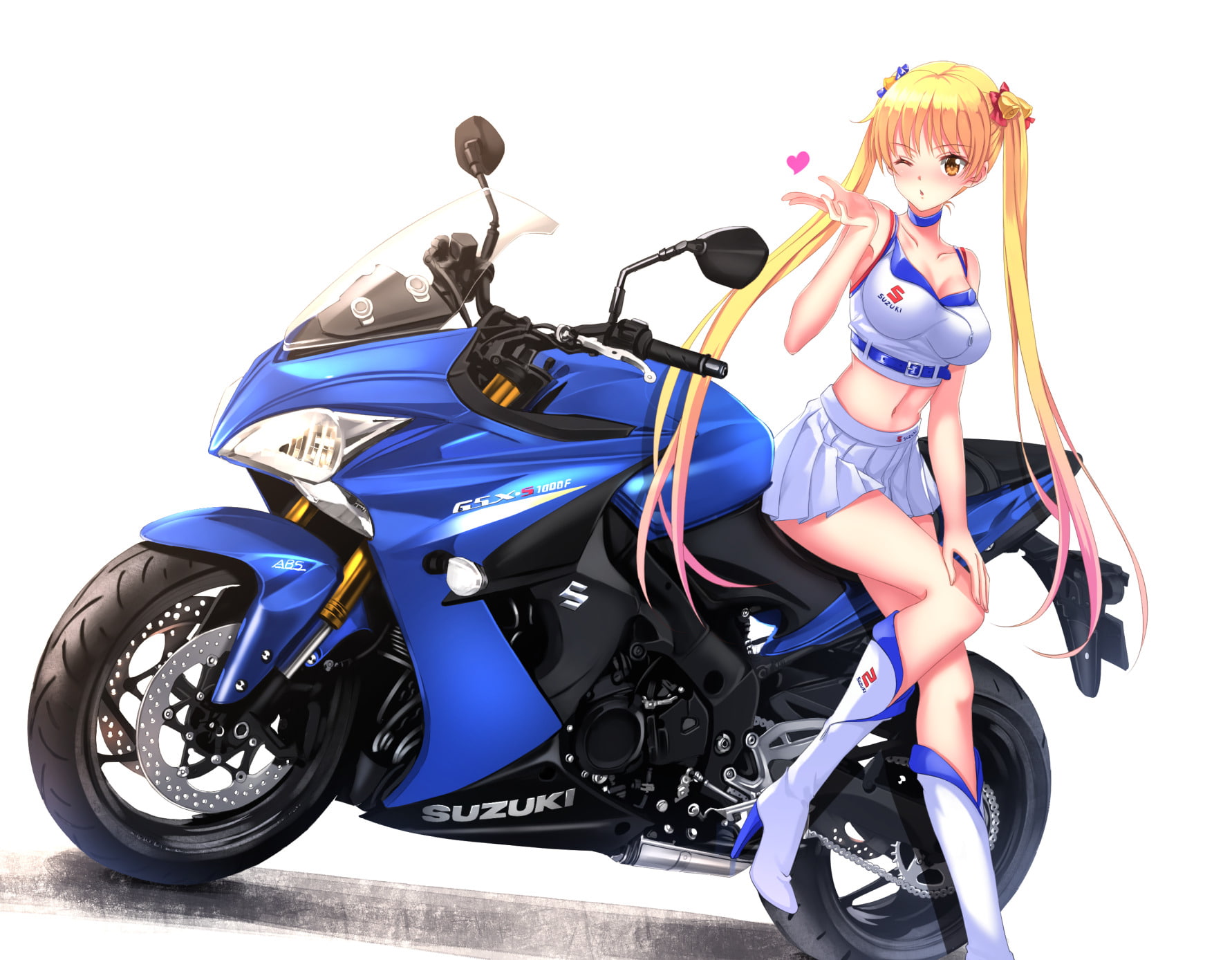 720P, Rin Suzunoki, Bike, Twintails, Anime, Suzuki GSX-S1000F, Wink, Bakuon!!, Girl, Yellow Eyes, Blonde, Boots, Long Hair, HD Wallpaper
