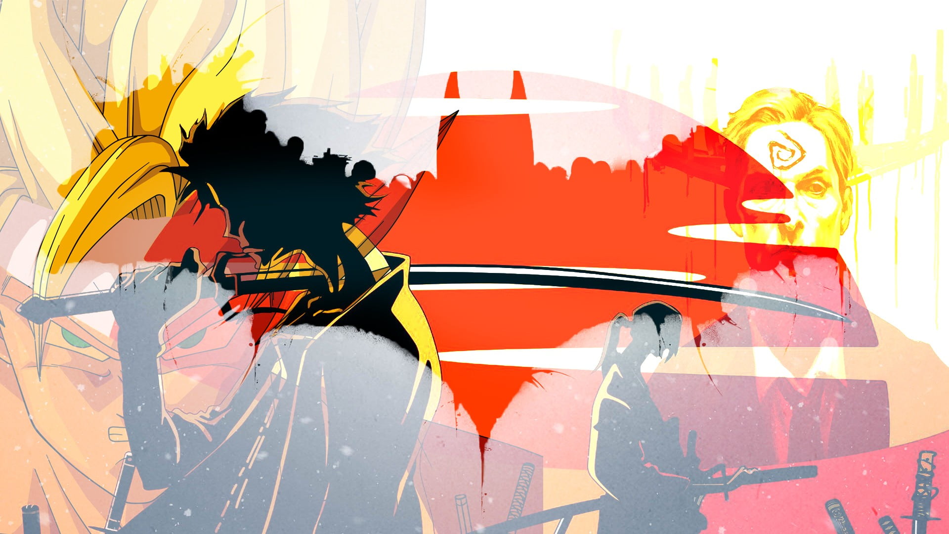 graffiti, outdoors, yellow, close-up, digital composite, no people, transparent, day, goku, glass - material, son, katana, paint, Samurai Champloo, digital, HD Wallpaper