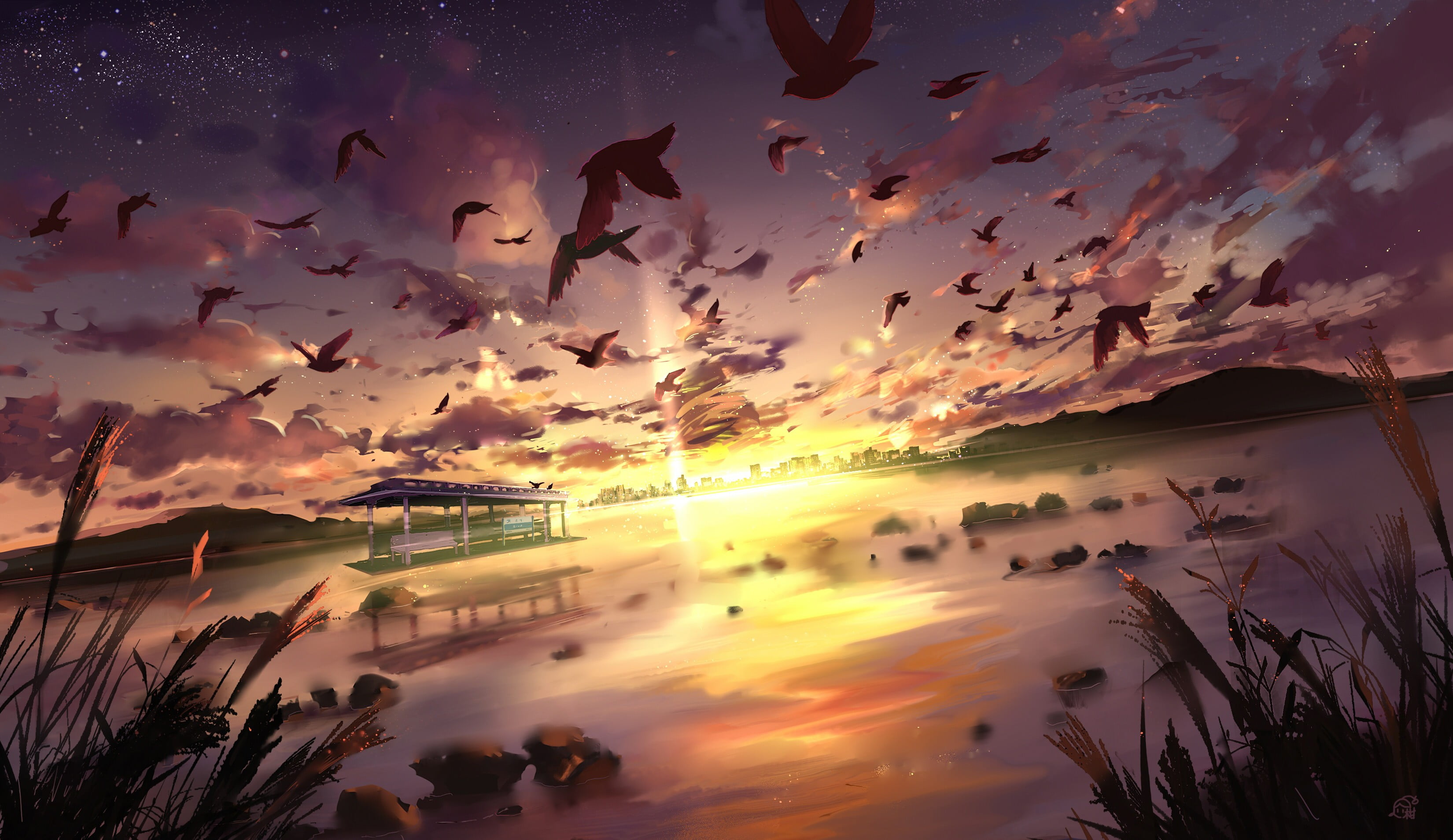 animal, nature, sunset, bird, illustration, orange color, group of animals, animal themes, outdoors, flock, cloud - sky, sky, water, sea, tranquility, body, HD Wallpaper