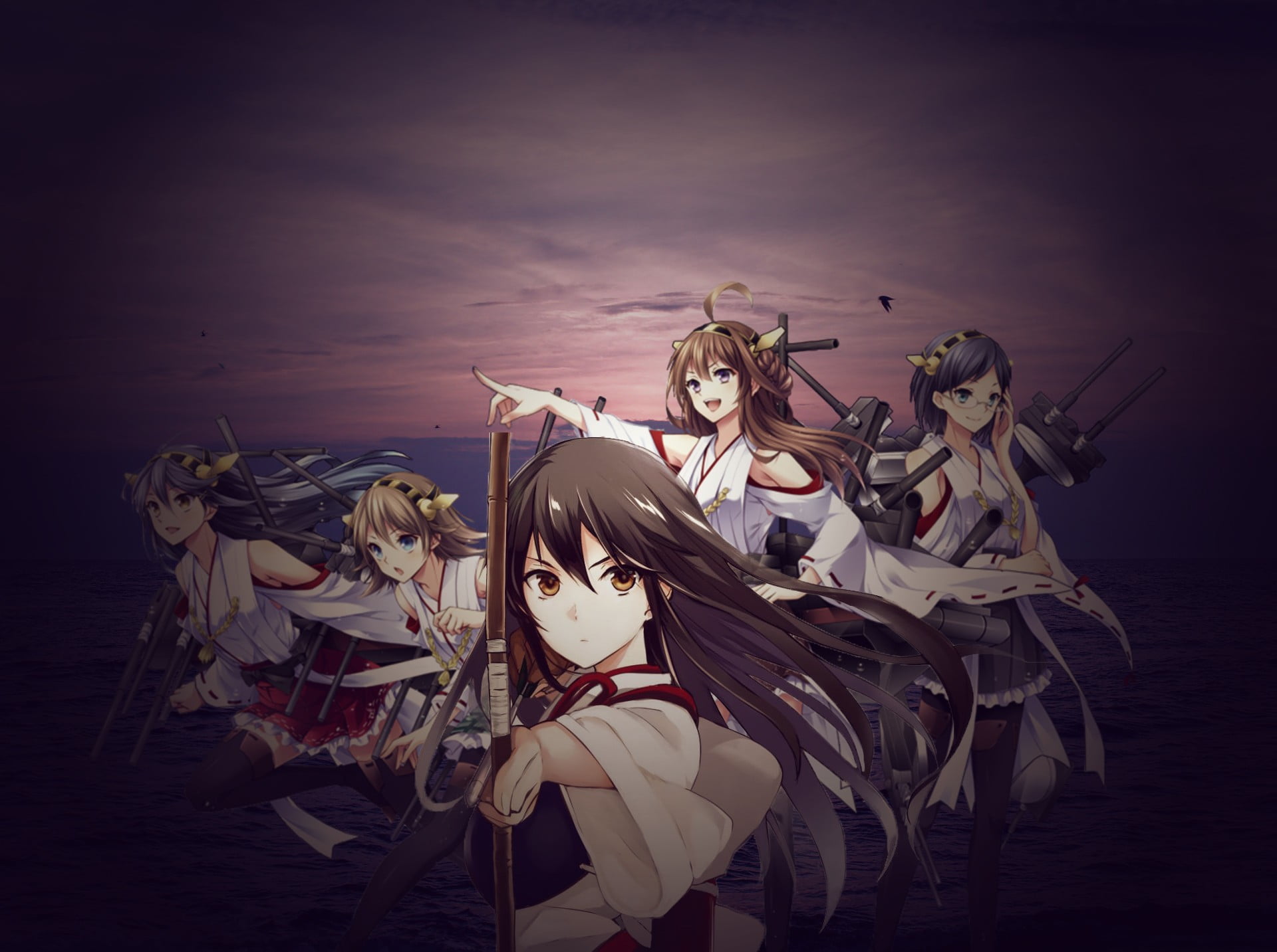 night, sitting, horse, Kongou (KanColle), anime girls, clothing, Hiei (KanColle), people, nature, Kantai Collection, sky, indoors, horseback riding, creativity, HD Wallpaper