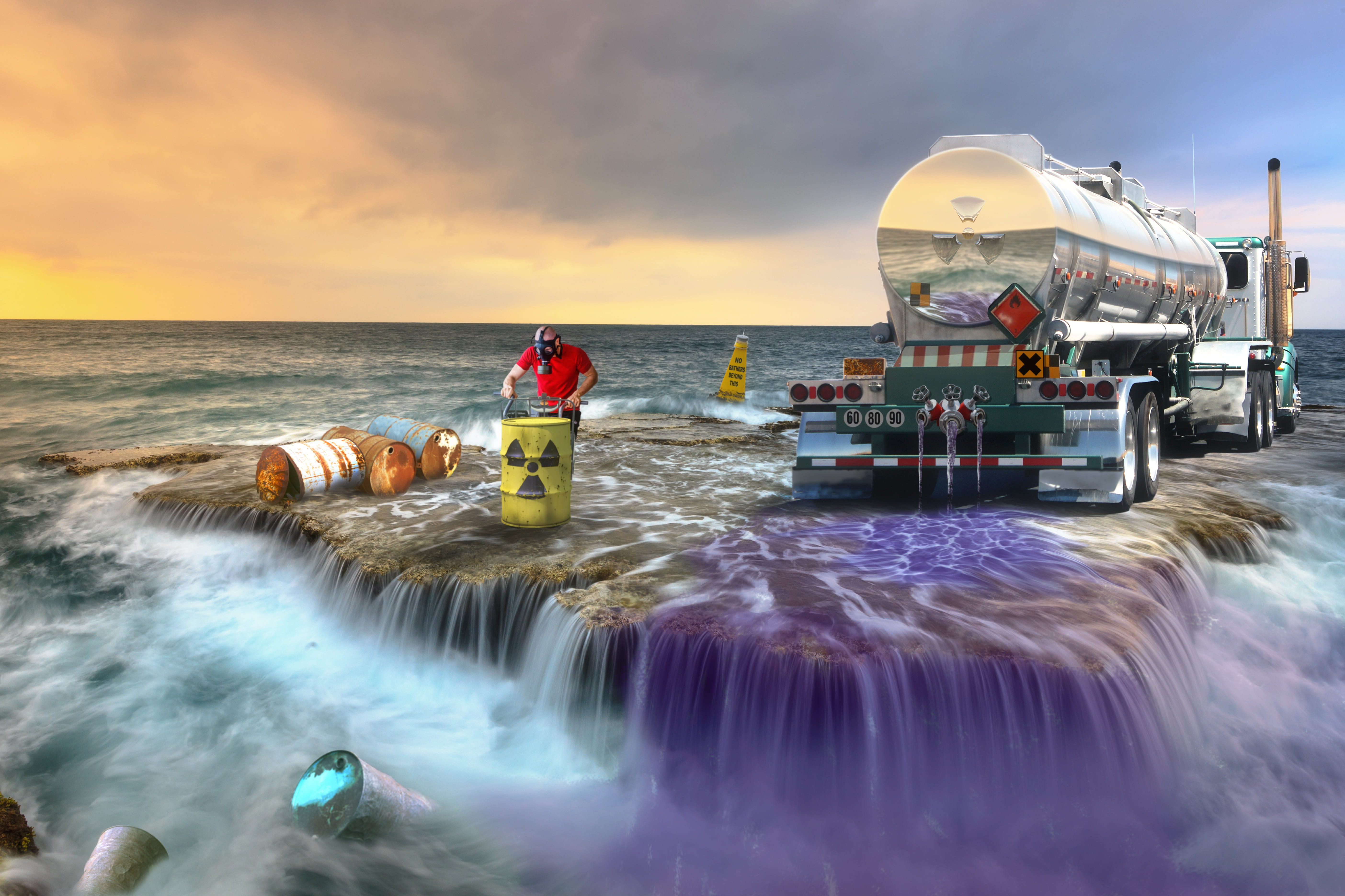occupation, sea, radioactive waste, scenics - nature, gray, beauty in nature, 5K, land, truck, sky, barrel, near, people, water, long exposure, cloud - sky, HD Wallpaper