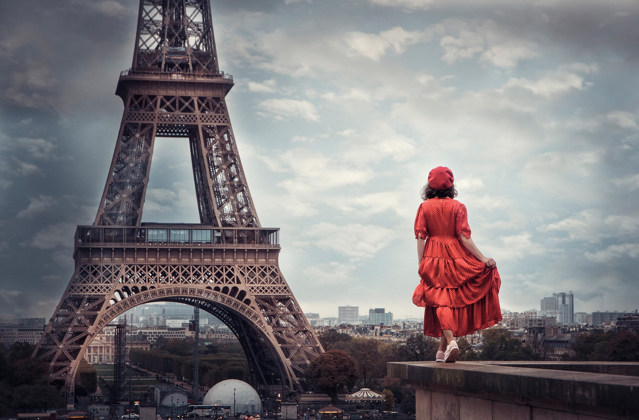 Eiffel tower, girl, the situation, panorama, in red, France, Paris, mood, 1080P, takes, dress, HD Wallpaper