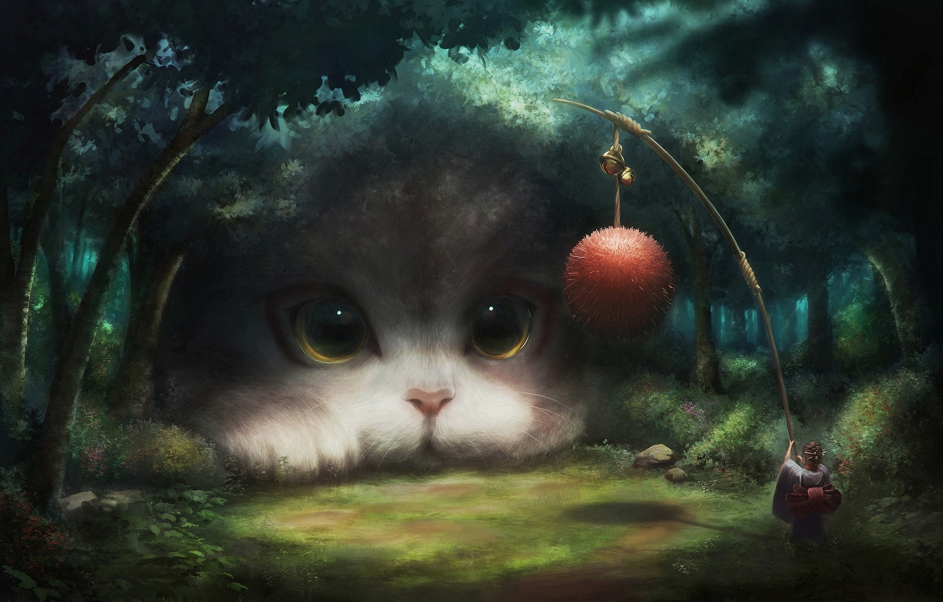Cat, feline, fantasy art, girl, forest, animal, ball, clear, 1080P, kimono, muzzle, situation, game, digital art, lillipuzian, fantasy, eyes, artwork, HD Wallpaper