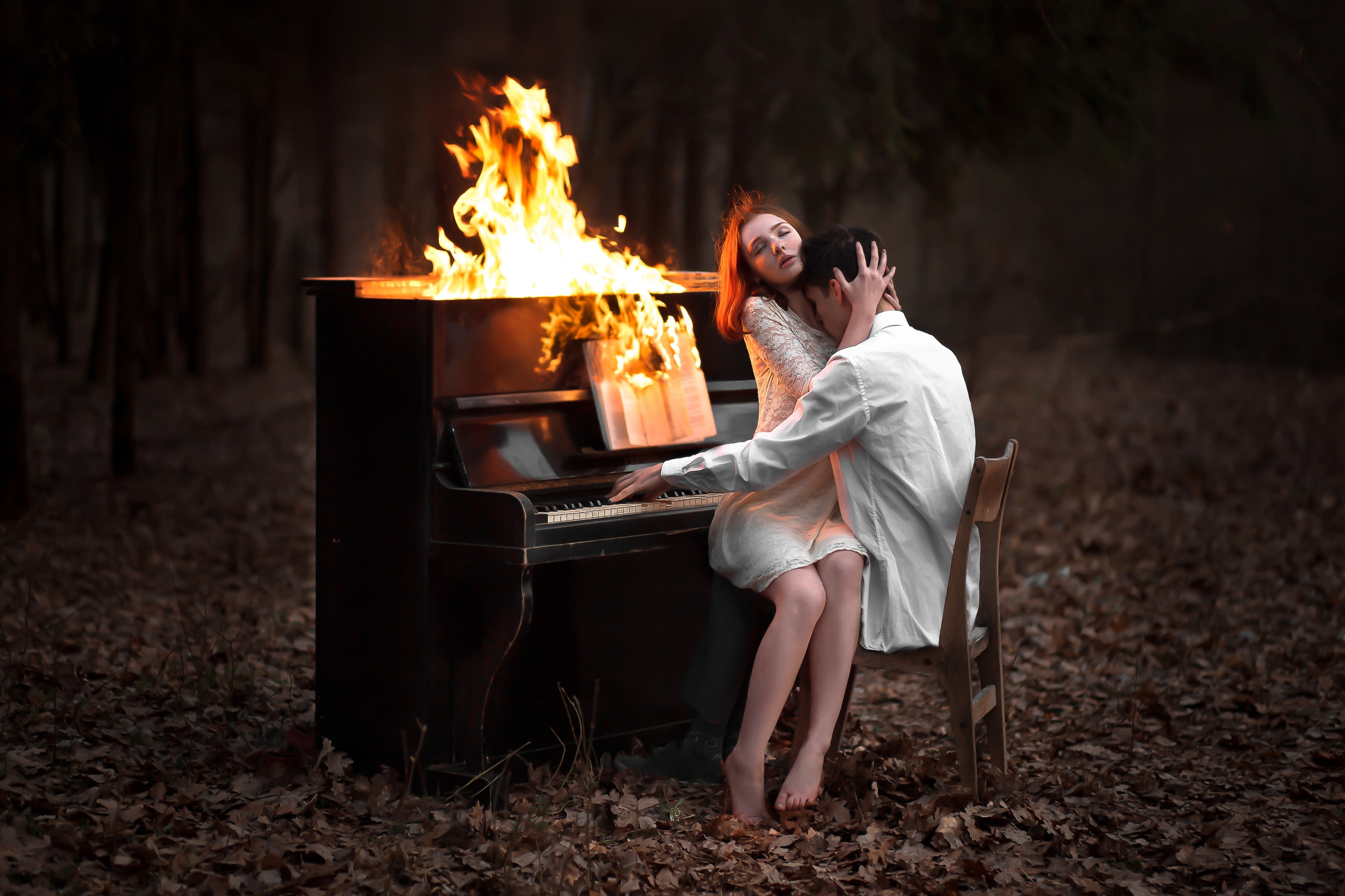 piano, Symphony of Fire, forest, mood, the situation, 2K, Damien Prokhorov, foliage, lovers, fire, guy, girl, HD Wallpaper