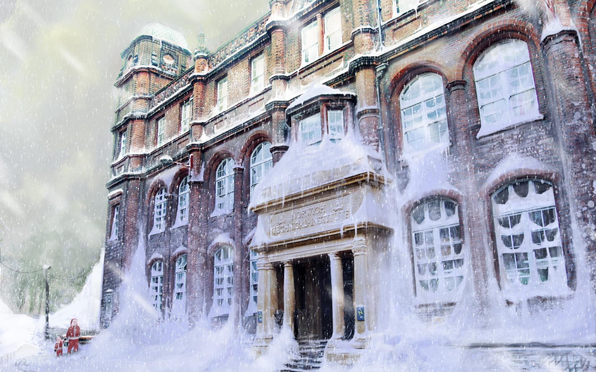 architecture, winter, snow, christmas, situations, funny, digital, 1080P, santa, art, humor, buildings, cg, iphone, HD Wallpaper