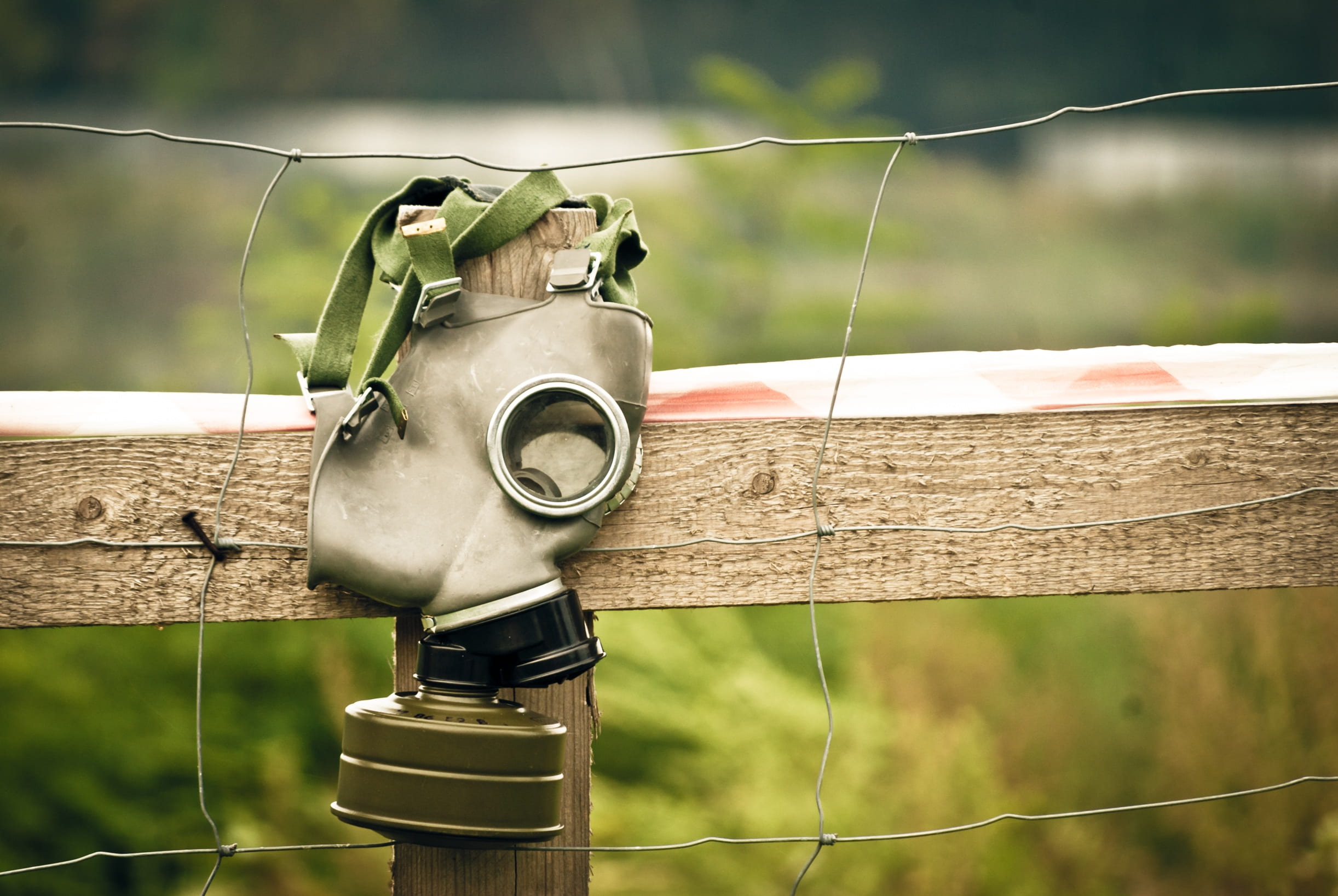 gas, postapo, grass, gas mask, wood - material, nature, hanging, safety, virus, oxygen, day, protection, fence, no people, apocalypse, outdoors, the fence, HD Wallpaper