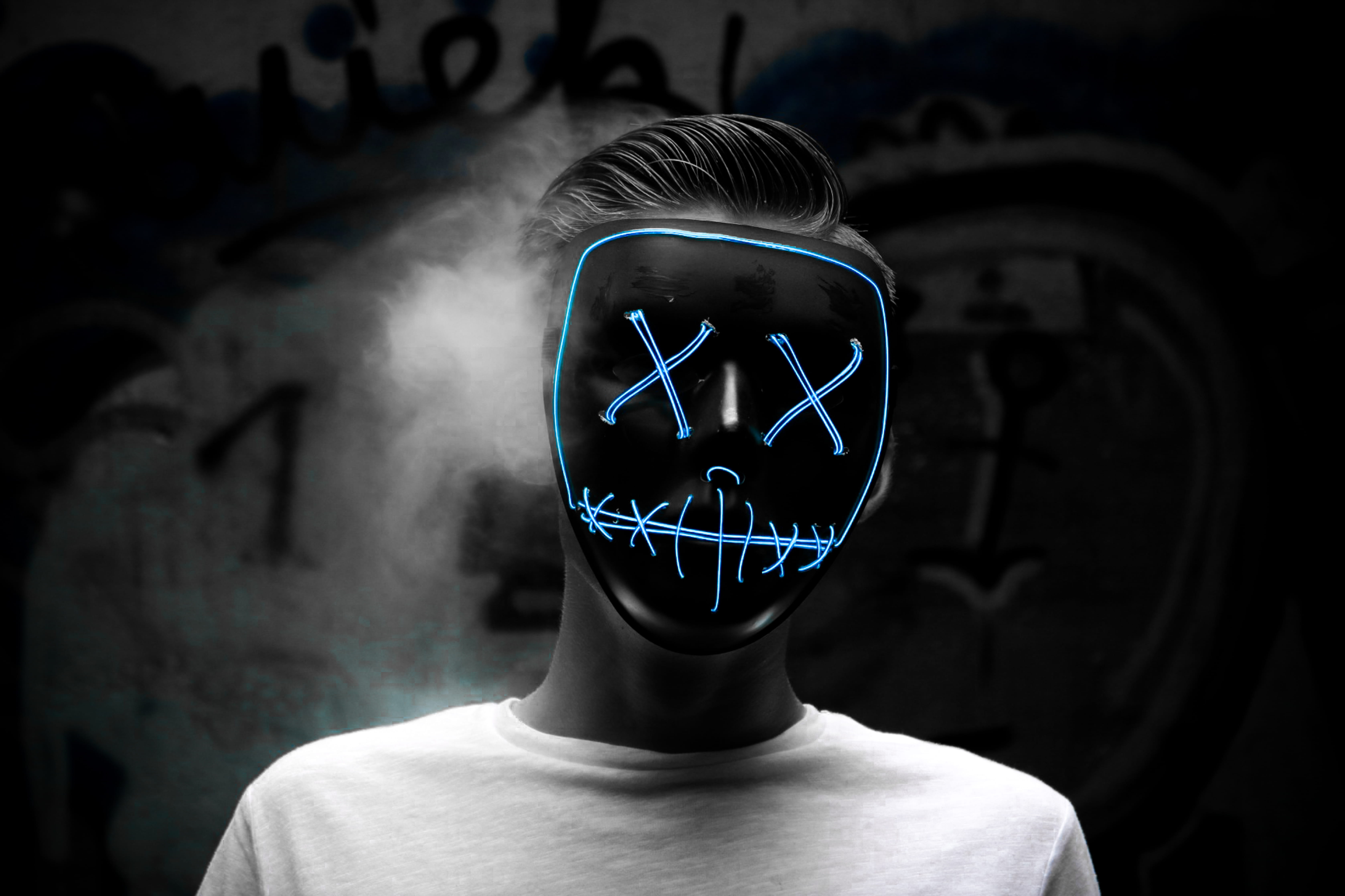 communication, mask, photo, portrait, unrecognizable person, teenager, one person, obscured face, person, front view, black and white, man, focus on foreground, HD Wallpaper