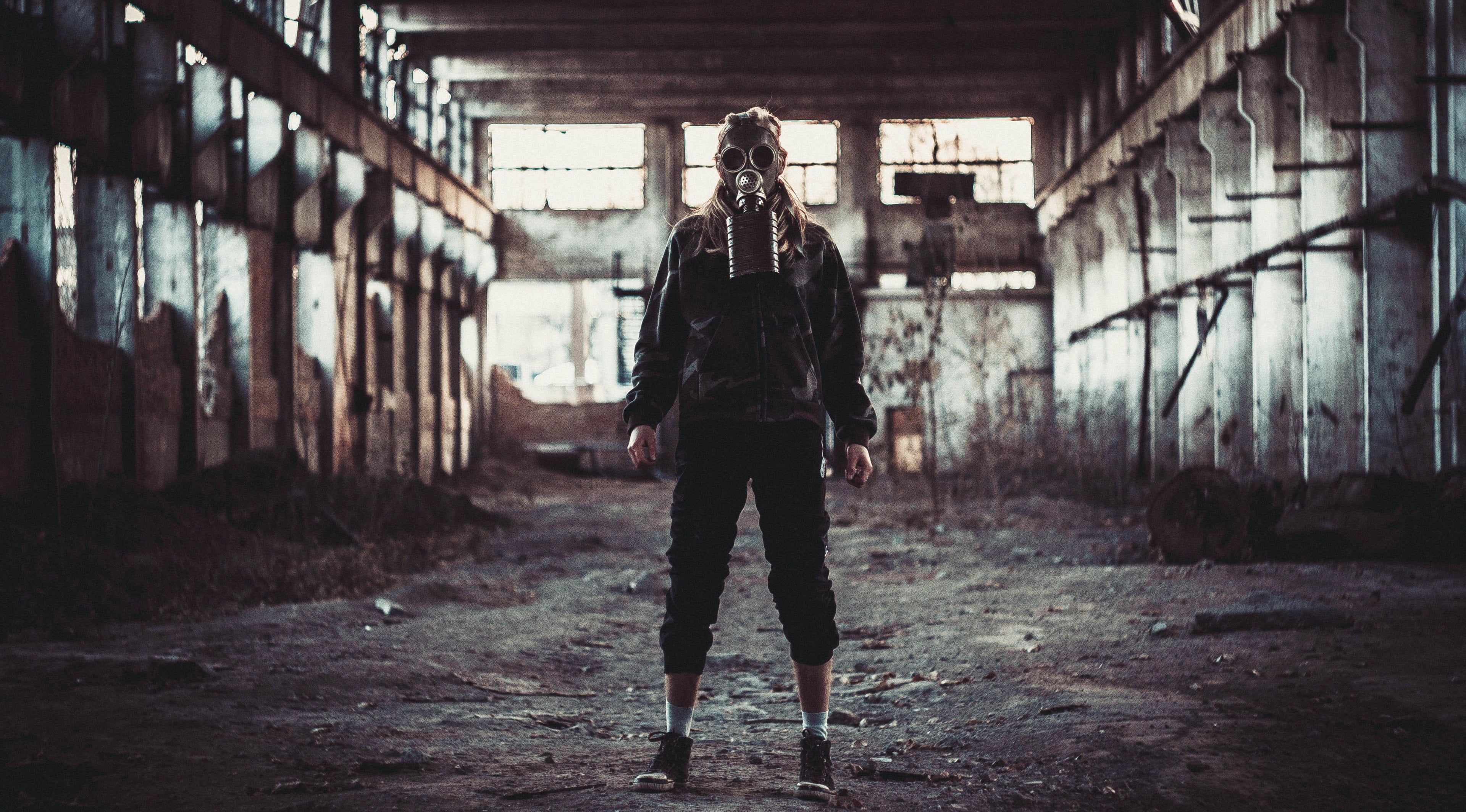 women, front view, focus on foreground, abandoned, mask, 4K, disguise, gas masks, one person, black, casual clothing, jacket, built structure, day, architecture, HD Wallpaper