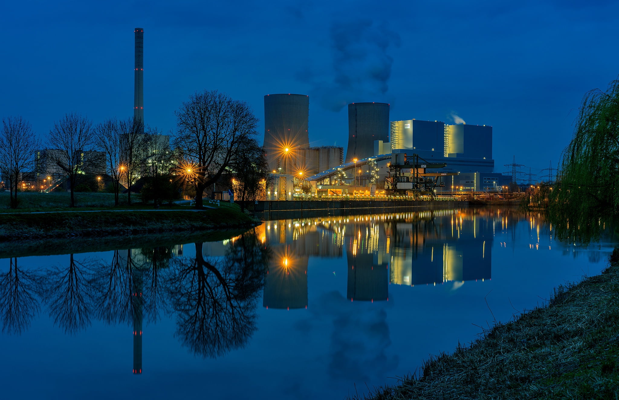 Germany, 1080P, lights, Hamm, night, channel, nuclear power station, HD Wallpaper
