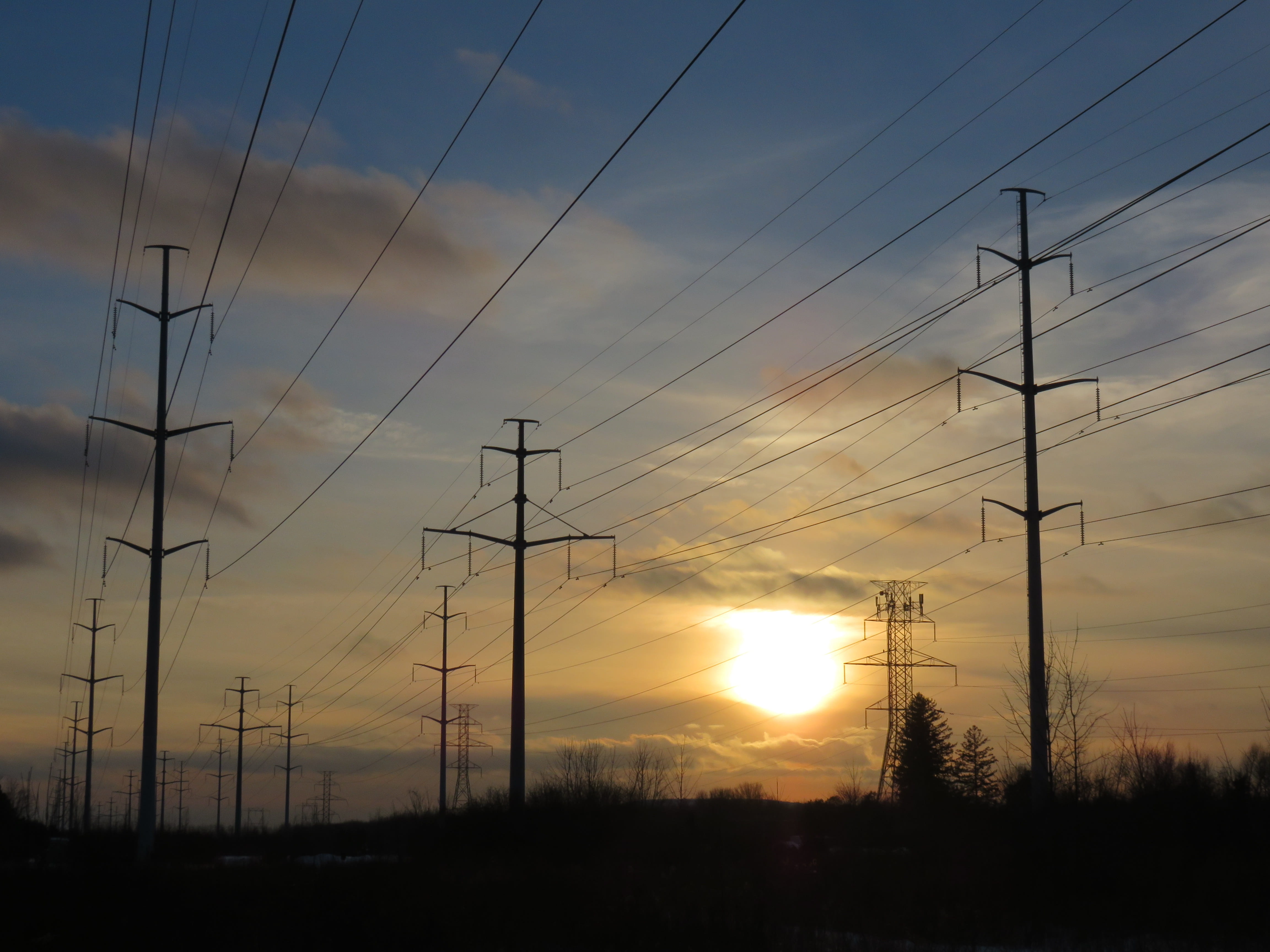 corridor, silhouette, hydro, cable, technology, Electric, wires, low angle view, sun, sky, field, complexity, cloud - sky, power supply, no people, 4K, HD Wallpaper