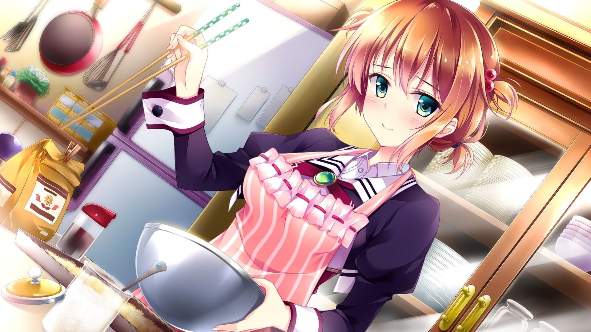 wardrobe, apron, by Masato Satofuji, bowls, refrigerator, Golden Marriage, 1080P, cooking, red, Kasumi Tange, visual novel, chopsticks, in the kitchen, HD Wallpaper