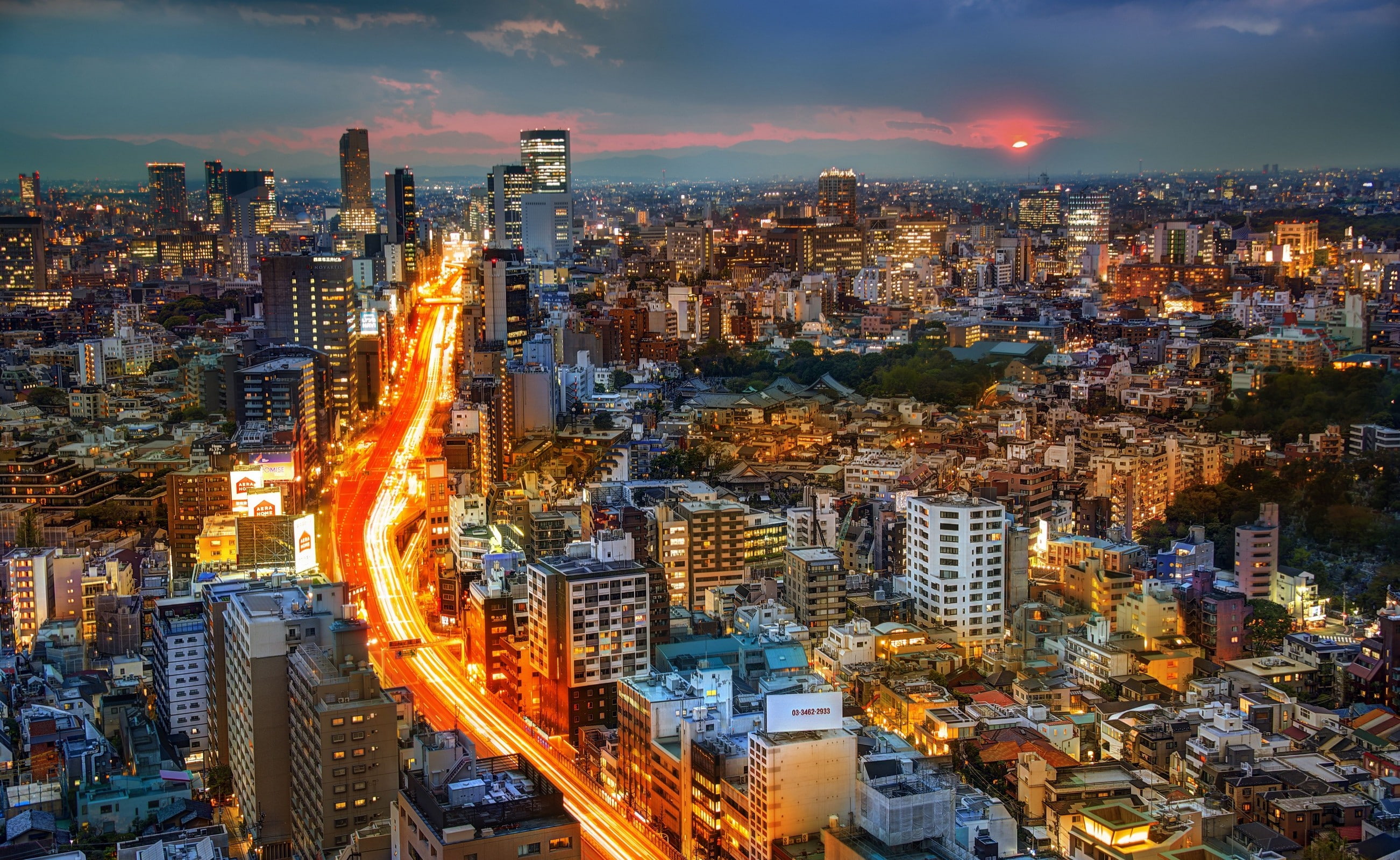 night city, road, illustration, Japan, Tokyo, Sunset, Buildings, panorama, city, 2K, HD Wallpaper