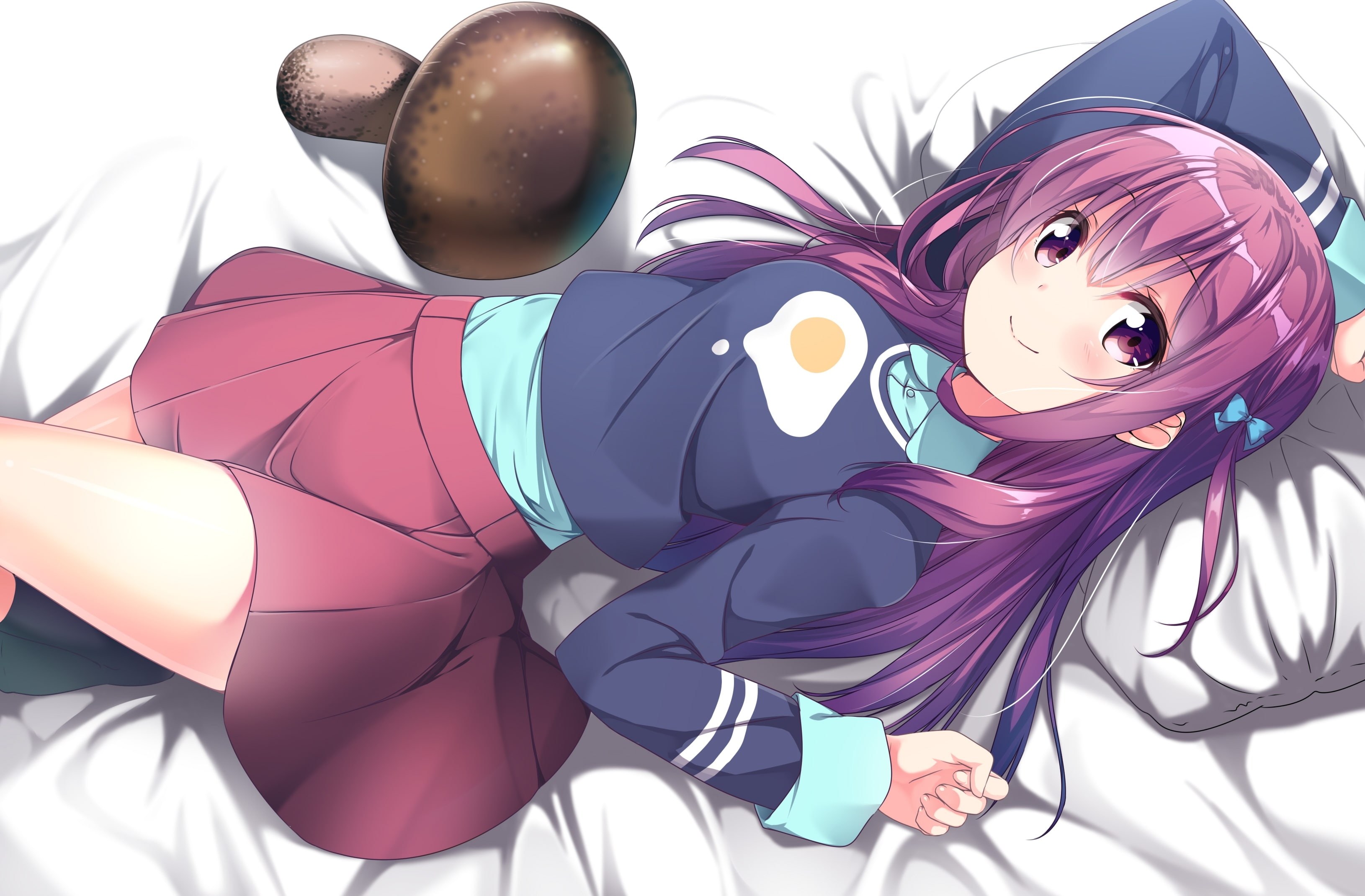 still life, pink color, one person, human representation, Anime, creativity, lifestyles, purple, high angle view, lying down, indoors, clothing, smiling, HD Wallpaper
