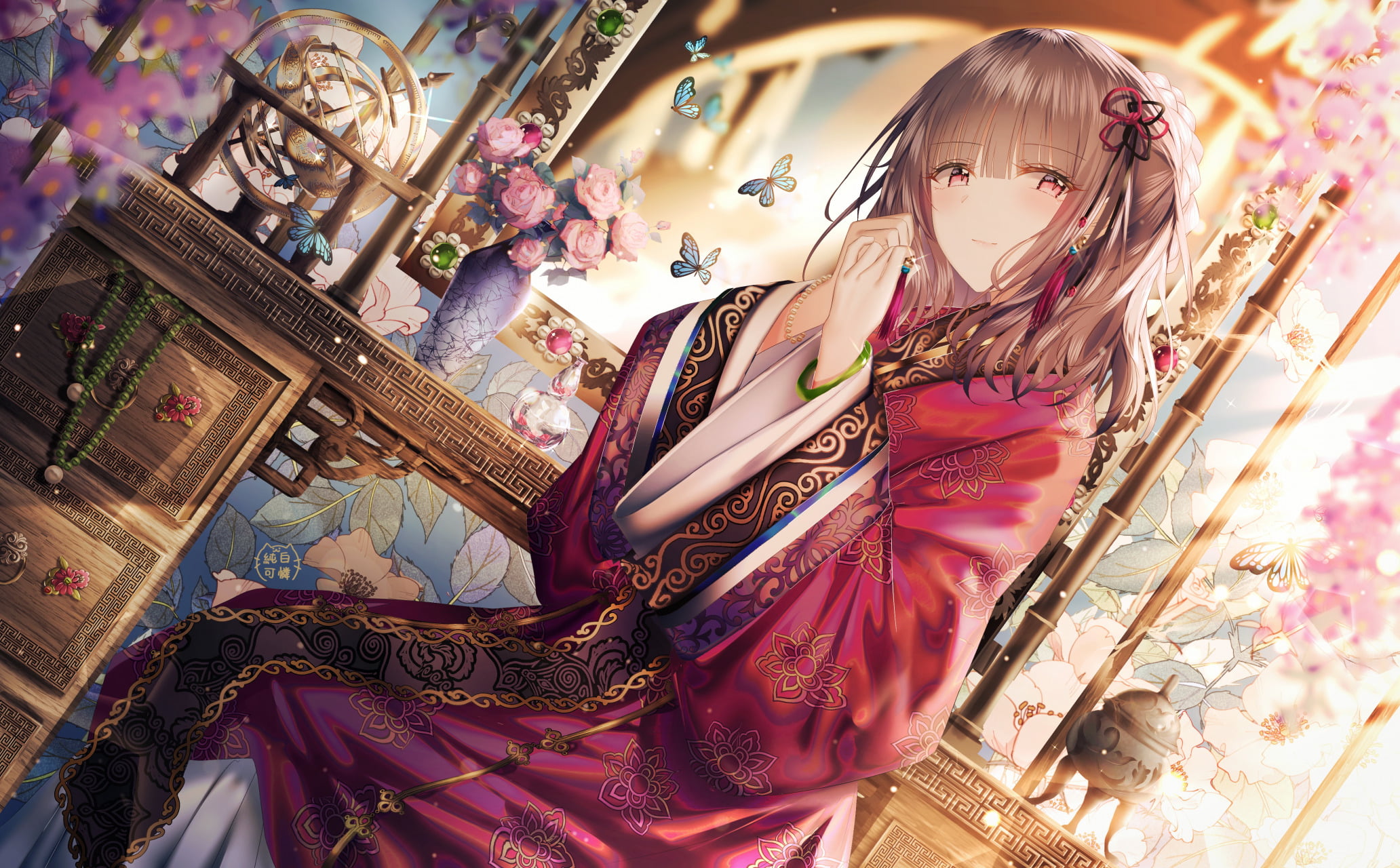 1080P, hands crossed, hair ribbon, butterfly, red dress, anime, dress, looking away, rose, looking into the distance, butterflies, looking at the side, HD Wallpaper