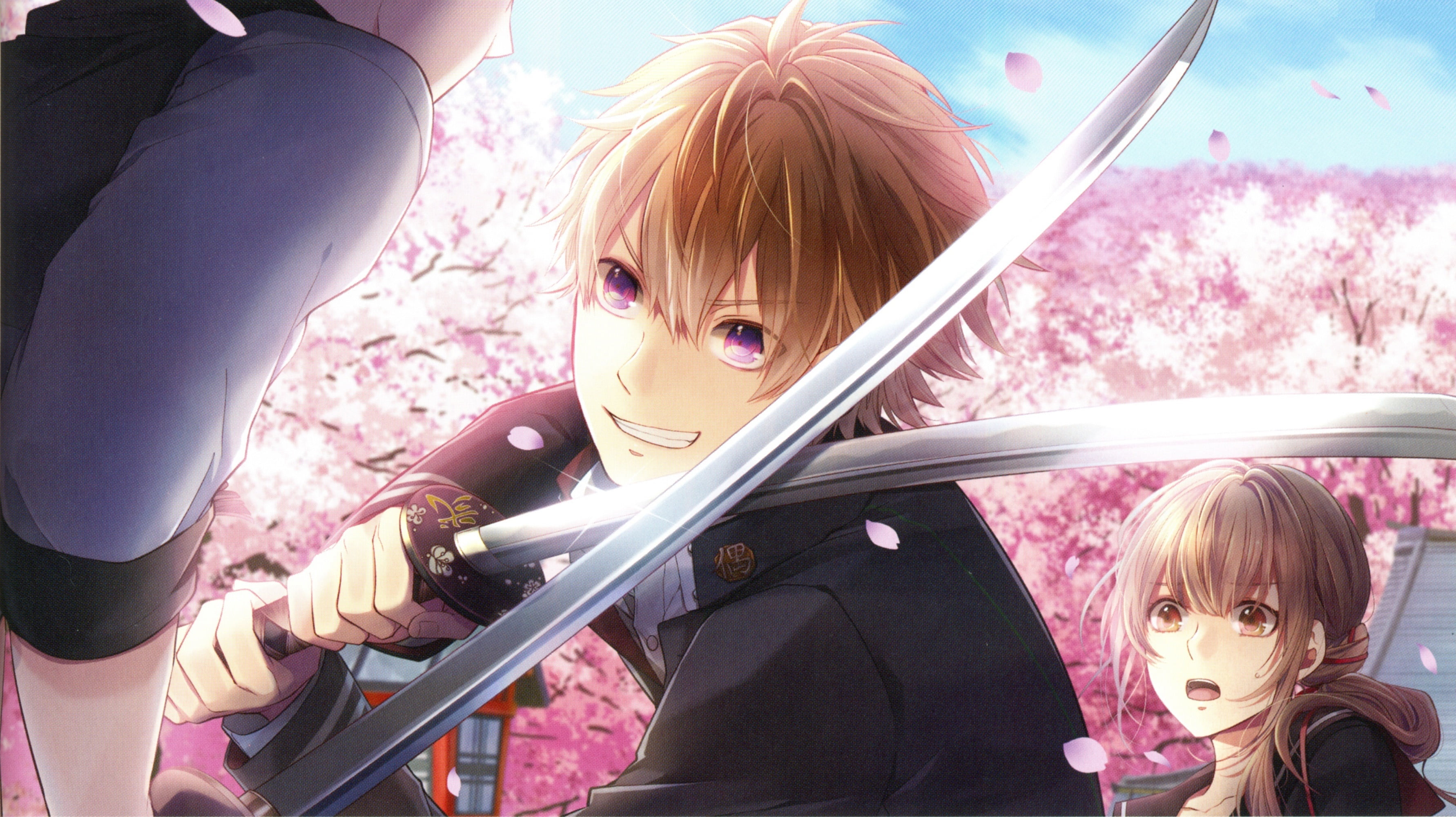 Hiroka Reisaki, by Melo, katana, the guy with the girl, students, visual novel, Surah Of The Digit, the fight, 2K, Mitsu Nitou, the cherry blossoms, fight, HD Wallpaper