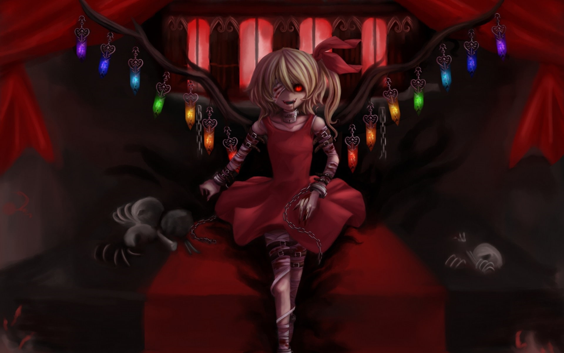 red dress, dark, anime girls, Touhou, dress, red eyes, blonde, anime, 1080P, glowing eyes, red, Flandre Scarlet, HD Wallpaper