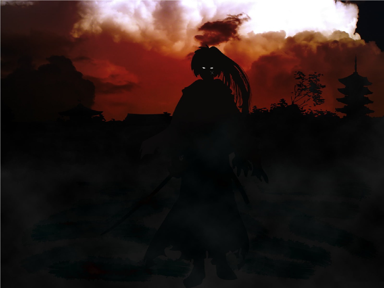 720P, women, standing, night, dark, cloud - sky, sky, outdoors, silhouette, belief, architecture, one person, dress, fear, clothing, evil, Anime, digital composite, HD Wallpaper