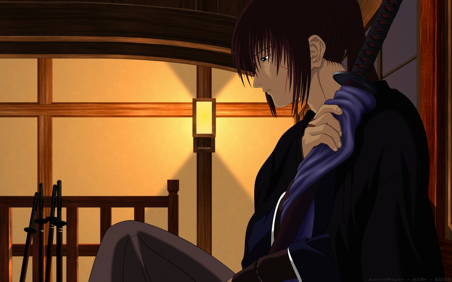 adult, rurouni kenshin, three quarter length, window, orange color, men, one person, spirituality, indoors, architecture, belief, religion, sunset, 1080P, HD Wallpaper