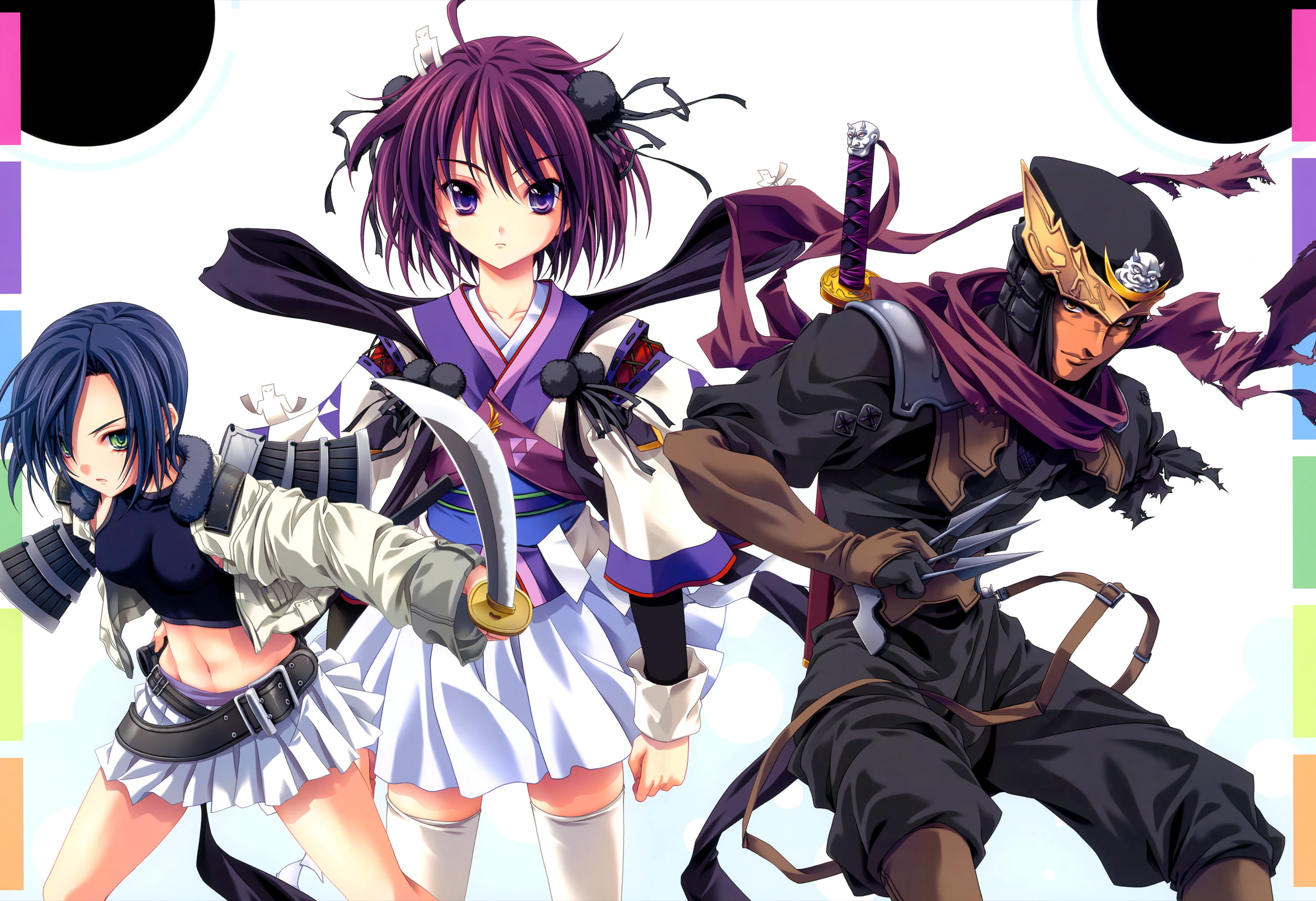 ran, hair, ninja, short, blue, scan, thighhighs, sword, purple, miyama zero, nanjou, 2K, sengoku, weapon, katana, rance, HD Wallpaper