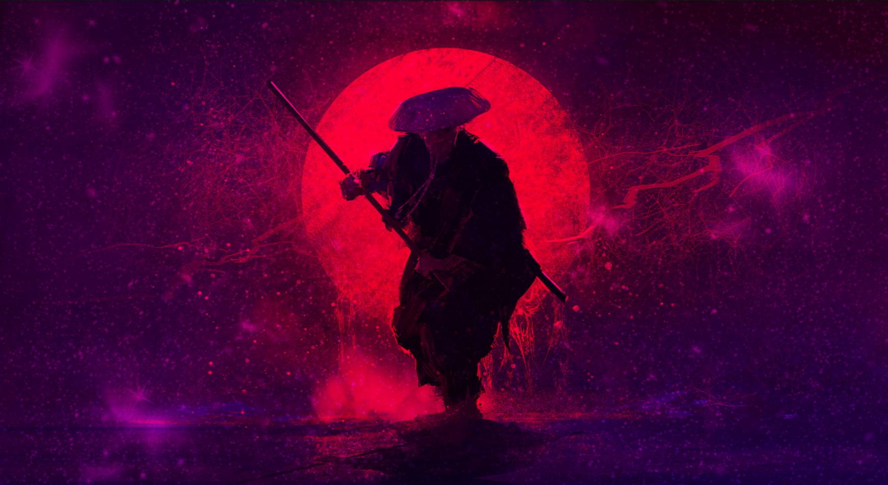 Purple sun, sunset, Bloody sun, samurai, space, 720P, HD Wallpaper