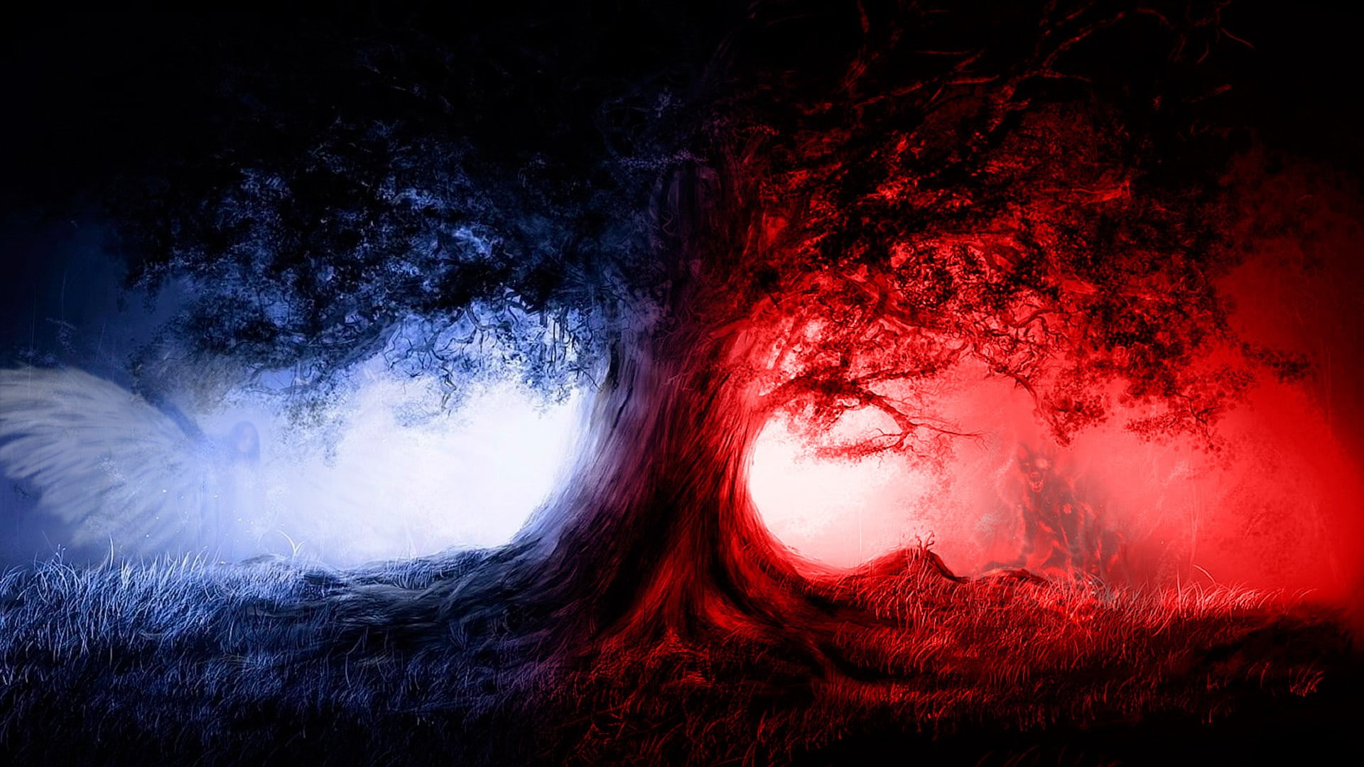 Devil, angel, fantasy art, trees, 1080P, nature, HD Wallpaper