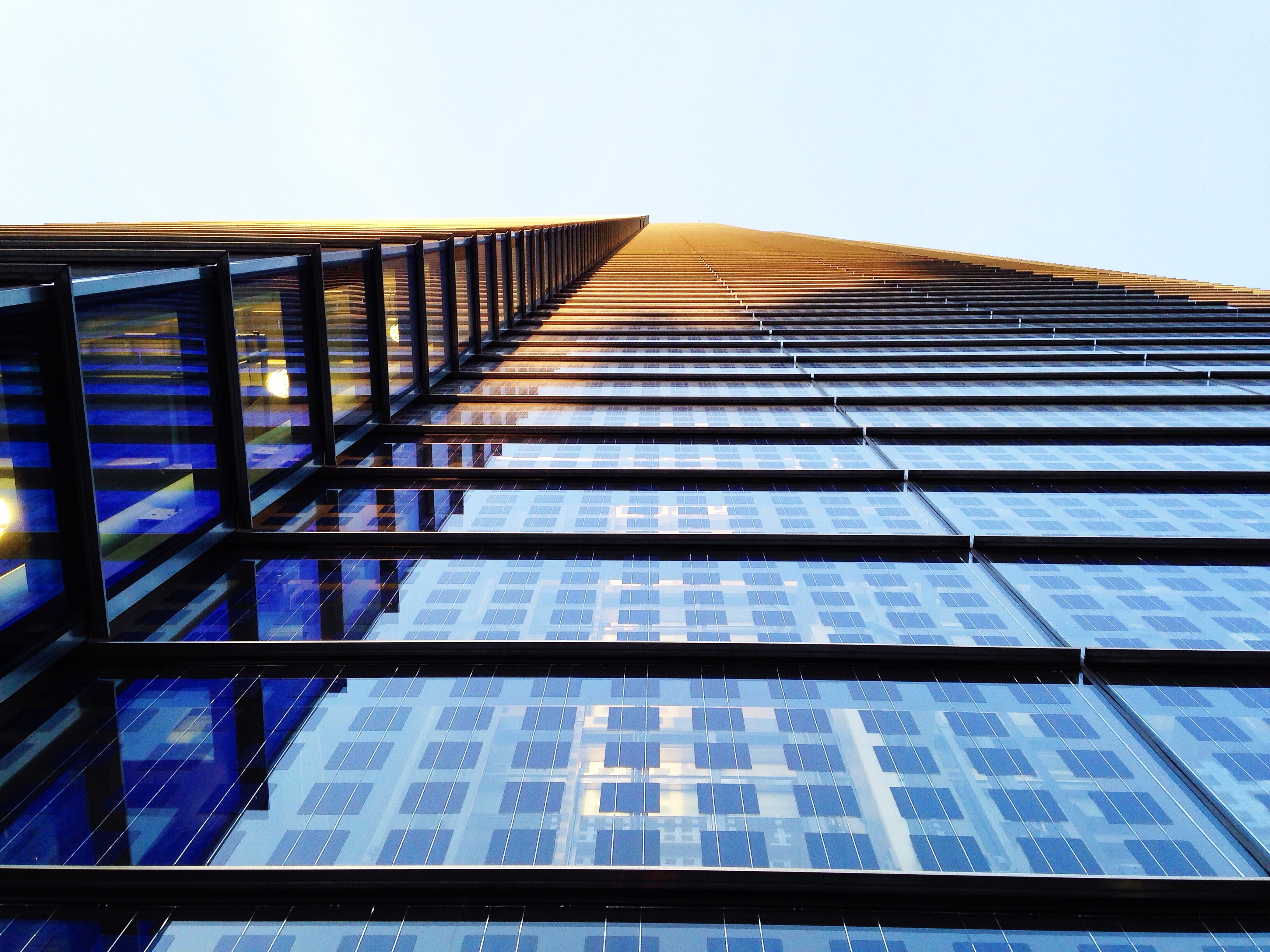 electricity, directly below, urban, slyscraper, skyscraper, glass, black, golden, design, perspective, glass - material, worms, sunlight, tall - high, solar equipment, HD Wallpaper