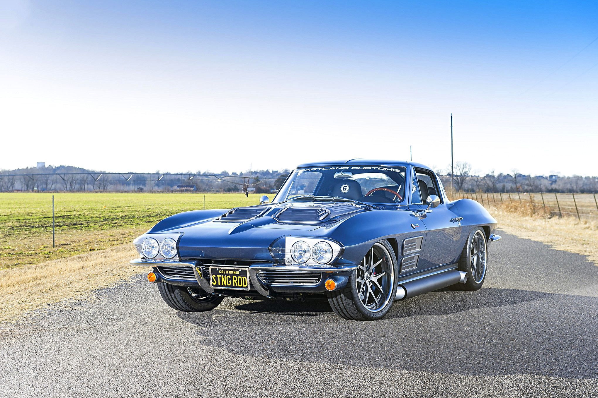 chevrolet, road, vintage car, motor vehicle, classic, transportation, landscape, car, land vehicle, blue, sting, muscle, supercar, nature, copy space, sunlight, HD Wallpaper