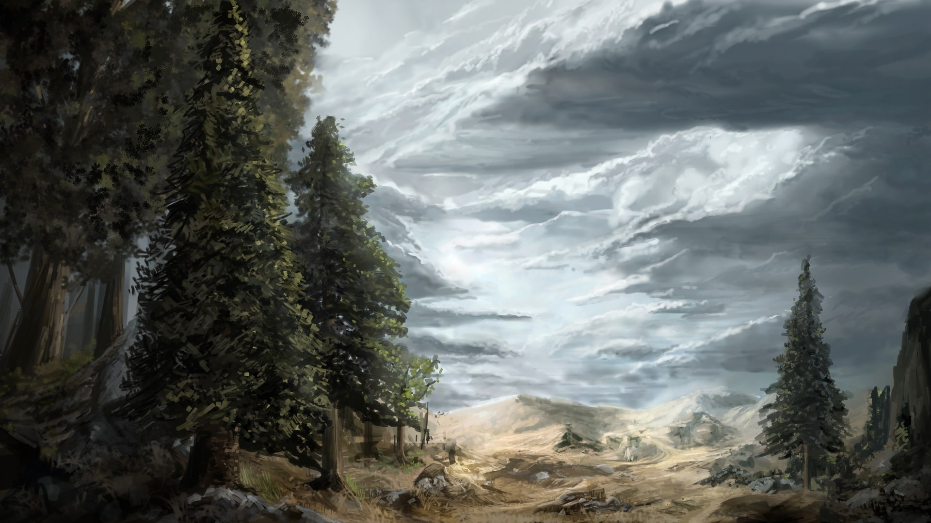 nature, trees, 1080P, clouds, paintings, scenic, slies, forests, digital art, landscapes, artistic, HD Wallpaper