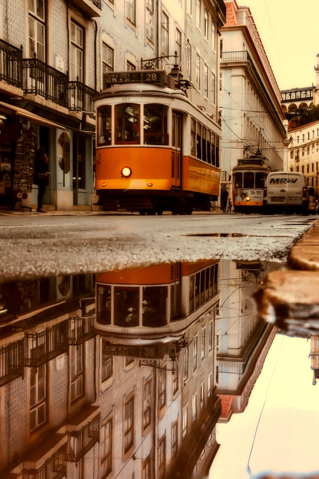 cityscape, built structure, public transportation, cable car, urban, canal, orange, travel, water puddle, no people, reflections, track, body, railroad track, Phone HD Wallpaper
