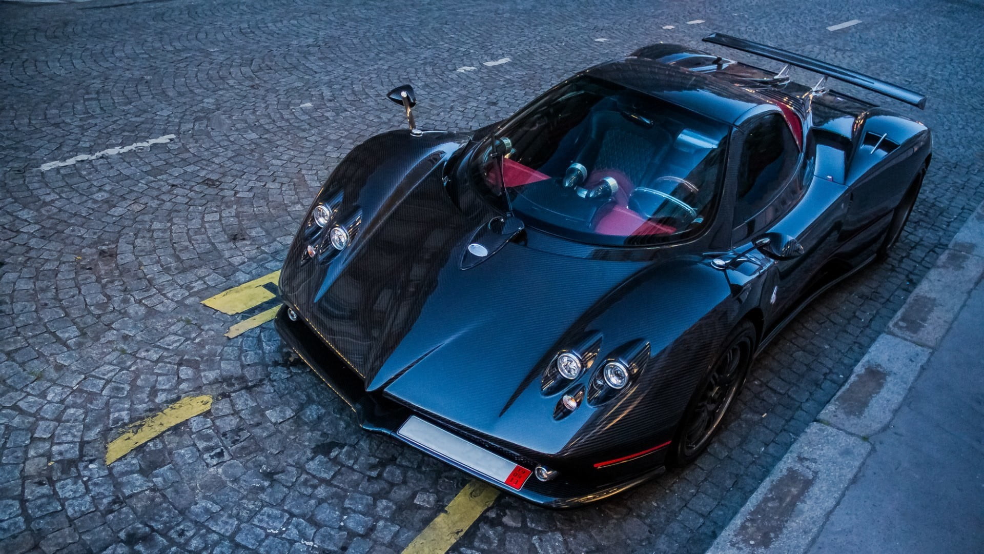 1080P, cobblestone, retro styled, sidewalk, high angle view, paving stone, city, scooter, motor vehicle, Pagani Zonda R, day, stationary, supercars, mode of transportation, HD Wallpaper