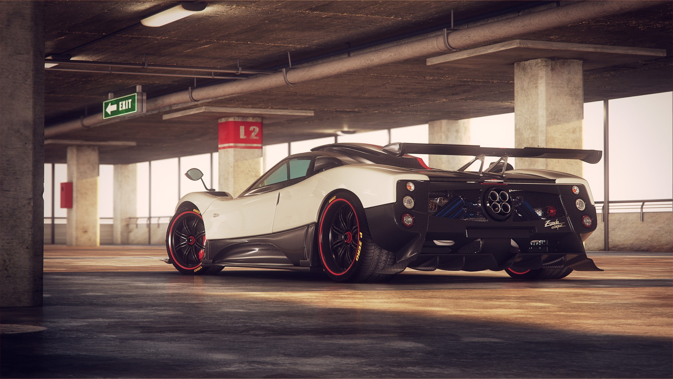 indoors, city, garage, road, 2K, architectural column, absence, communication, day, stationary, transportation, sign, parking garage, Pagani Zonda Cinque, HD Wallpaper