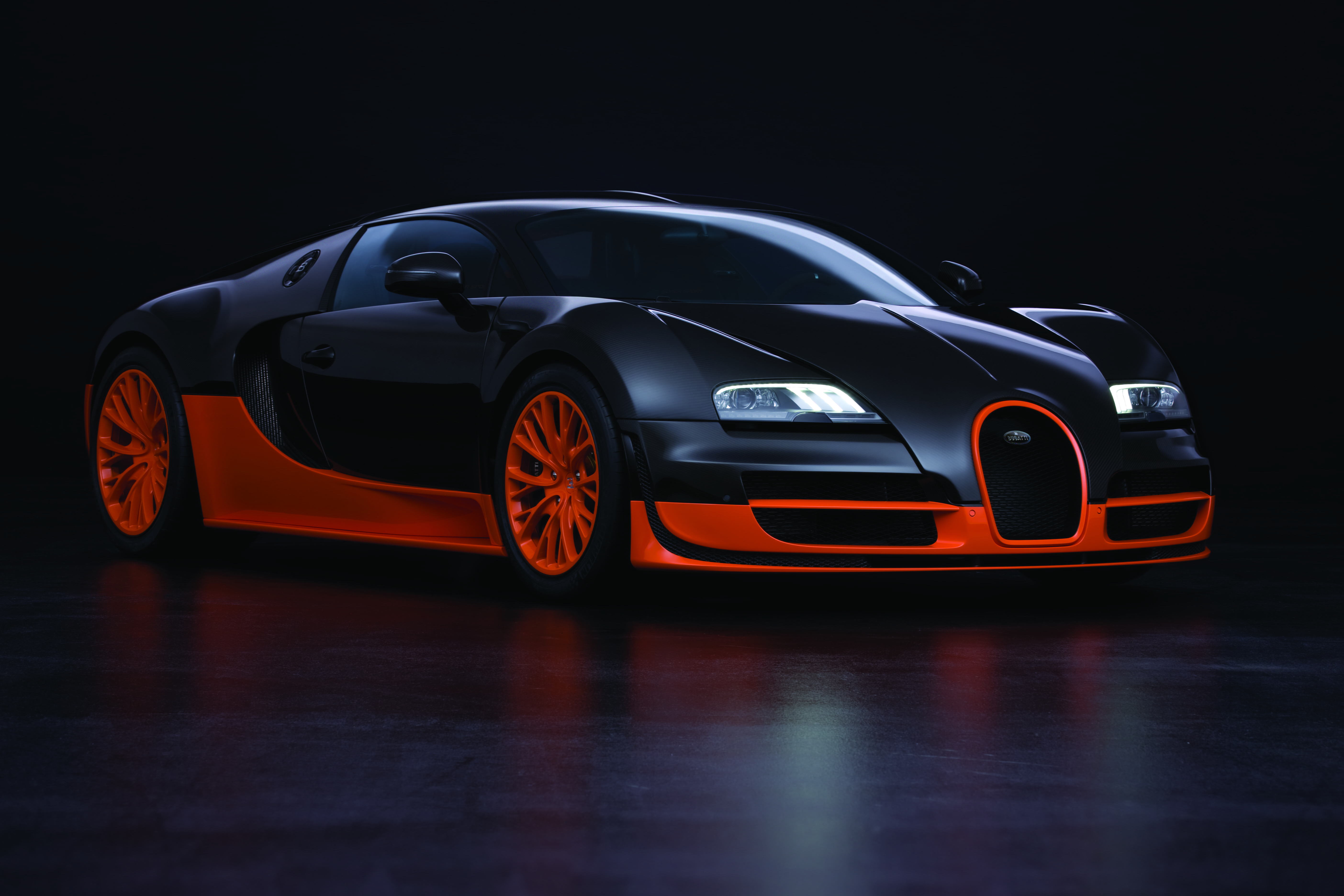 luxury, orange, wheel, Bugatti Veyron, black background, speed, veyron, Super Sport, reflection, land vehicle, 16.4, the fastest production car, transportation, HD Wallpaper