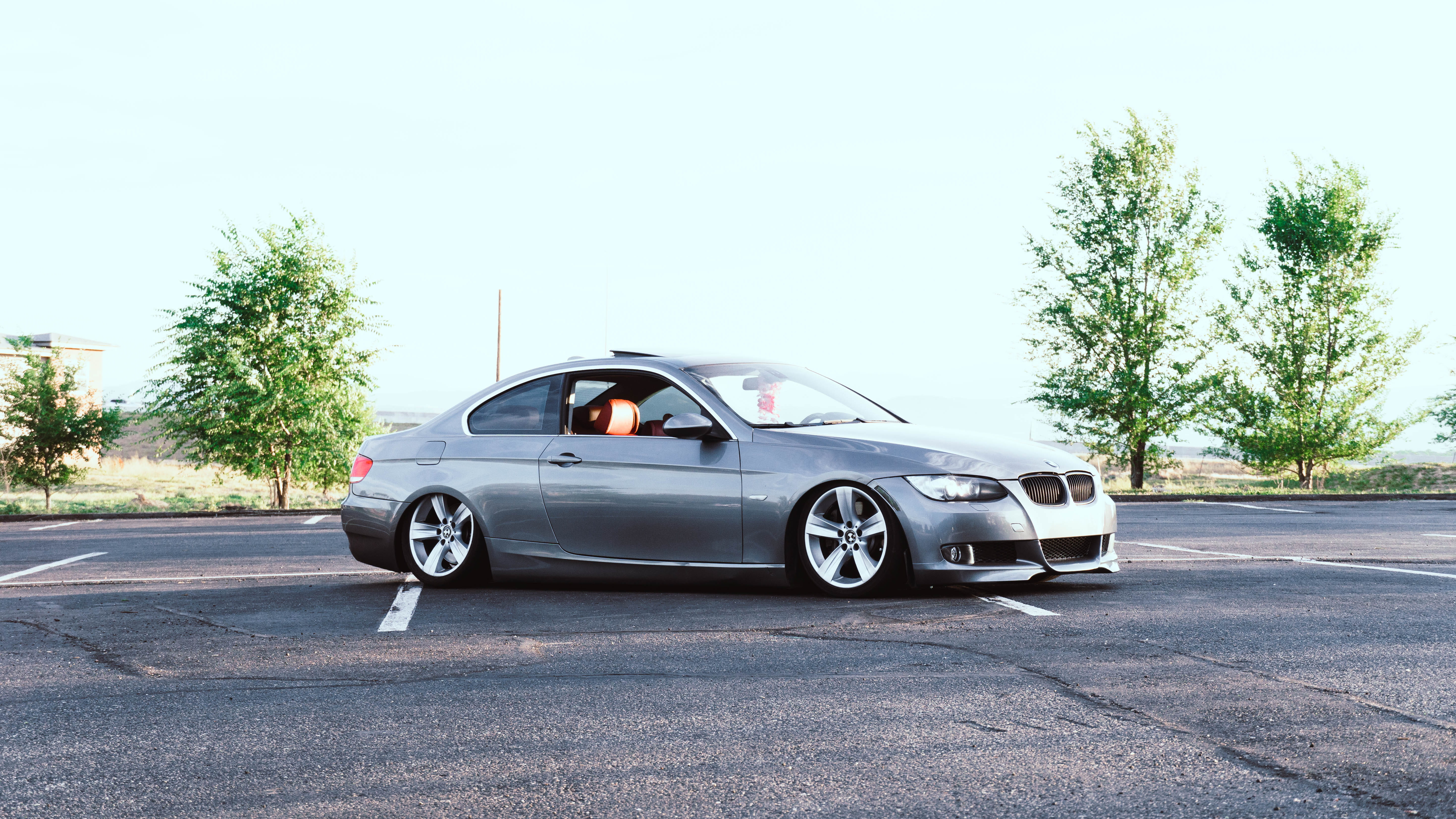 tree, side view, 5K, sportscar, clear sky, parked, silver, day, digital composite, on the move, united states, mode of transportation, vehicle, sports car, HD Wallpaper