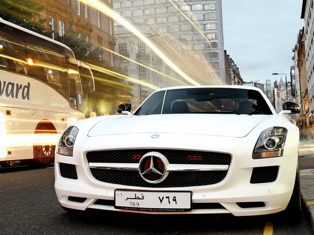 sports car, London, benz, car, sports, Mercedes Benz, speed, transportation, urban Scene, Luxury, Mercedes SLS AMG, modern, street, white, Money, editorial, HD Wallpaper