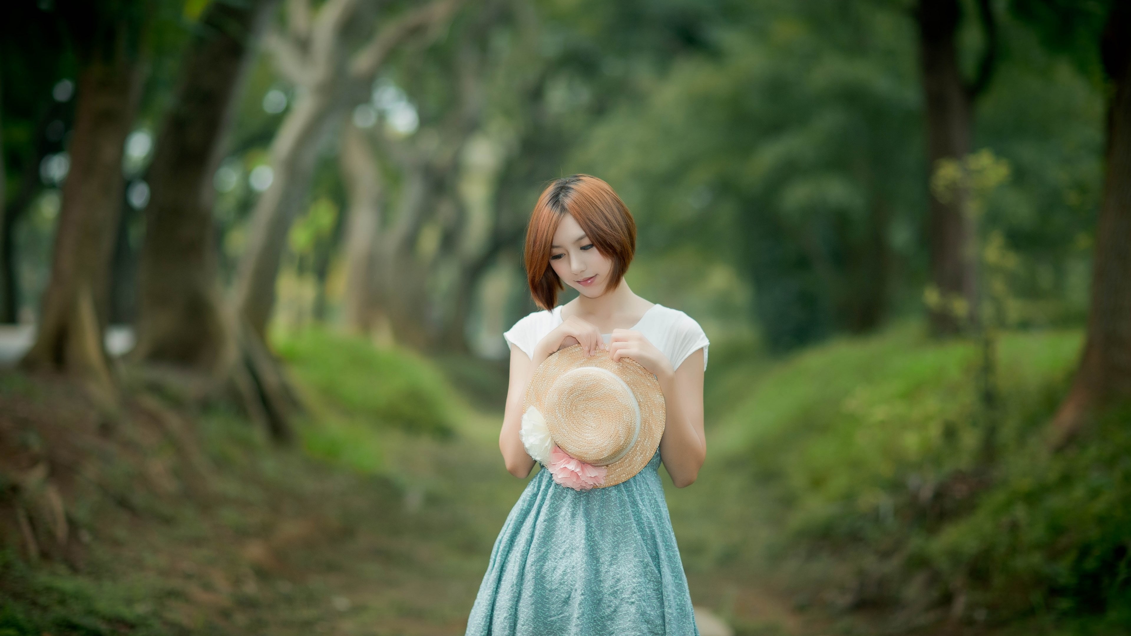 dress, clothing, woodland, three quarter length, hair, 4K, adult, women, standing, beautiful woman, land, plant, contemplation, hairstyle, forest, young adult, HD Wallpaper
