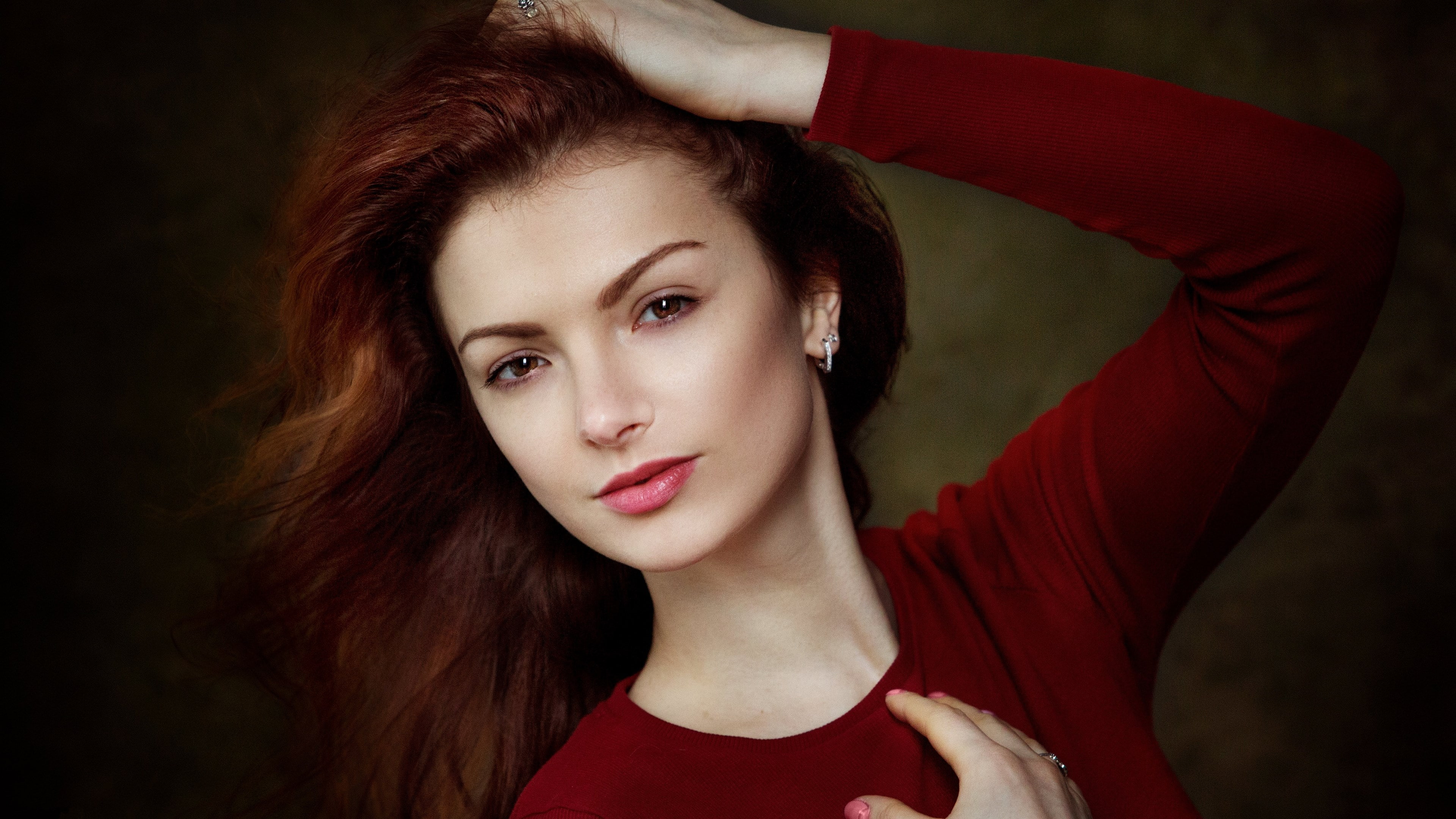 front view, contemplation, 4K, women, red, dyed red hair, fashion, glamour, beautiful people, black background, redhead, hair, looking at camera, beauty, HD Wallpaper