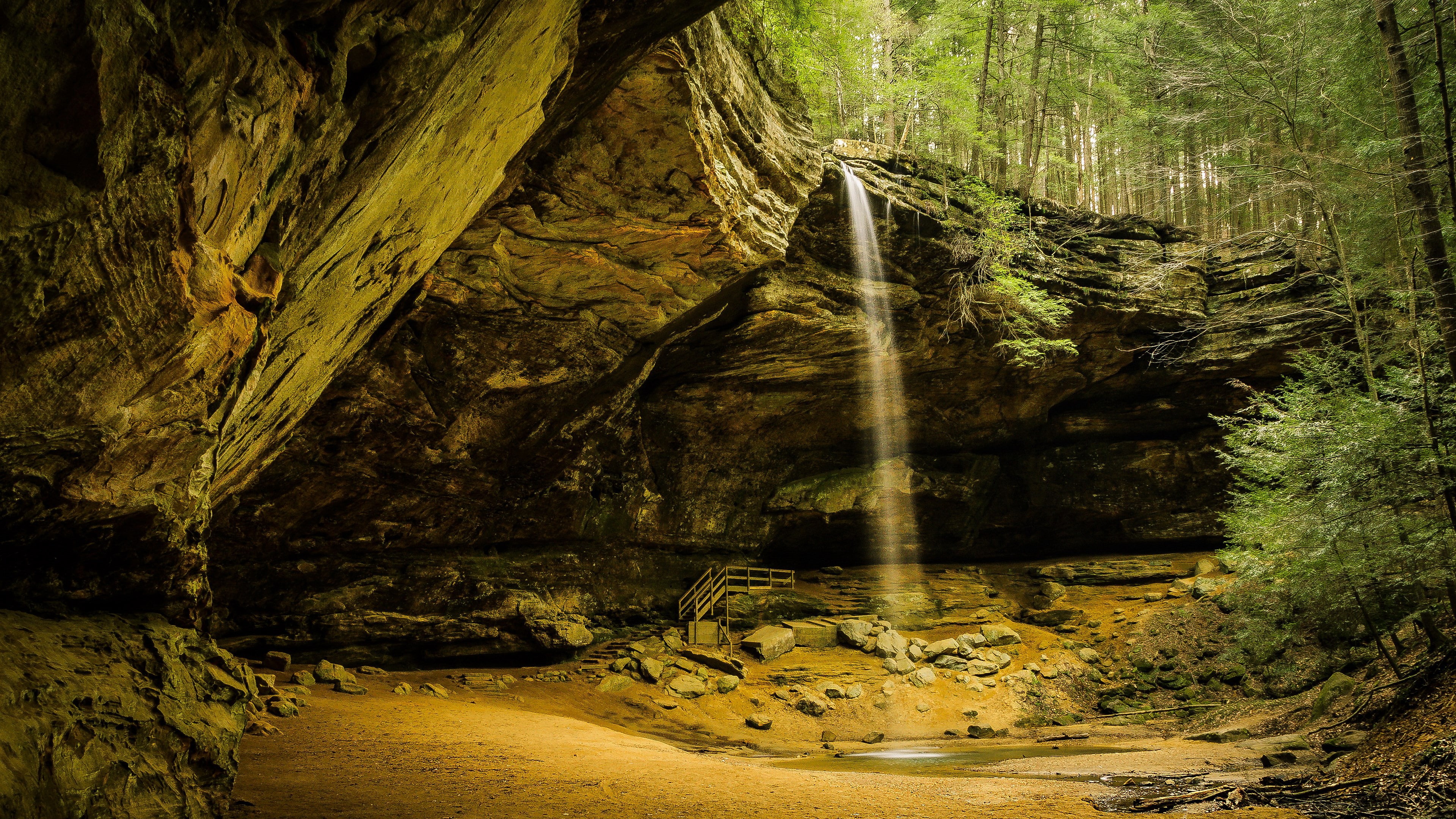 waterfall, land, forest, growth, plant, outdoors, day, rock formation, tranquil scene, tree, 4K, rock - object, nature, water, beauty in nature, solid, HD Wallpaper