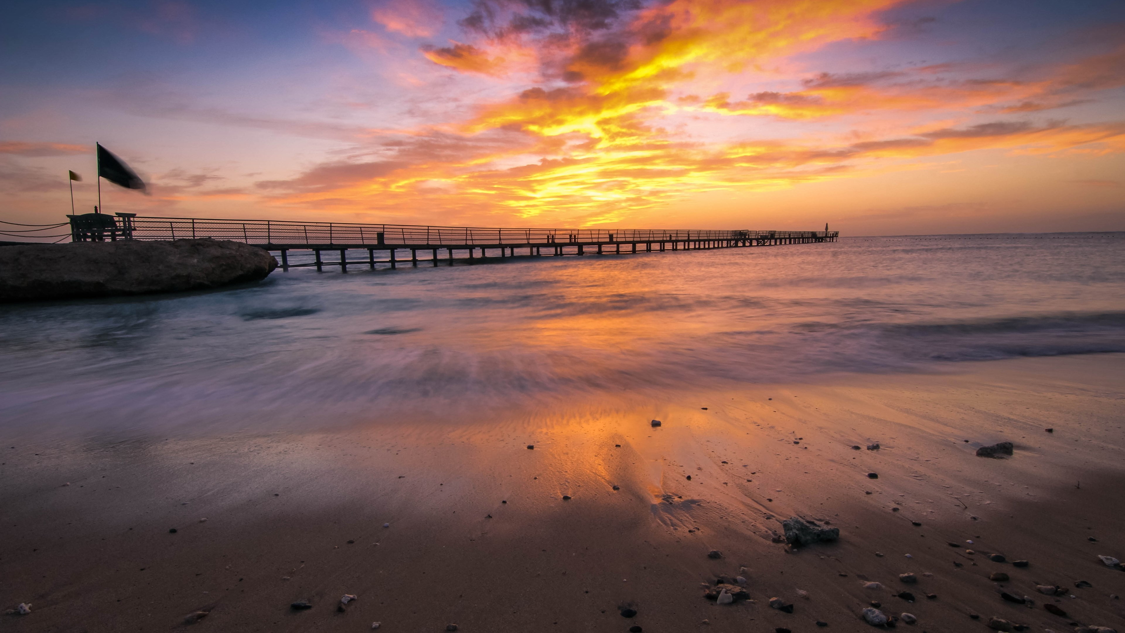 4K, outdoors, sun, horizon over water, tranquil scene, bridge - man made structure, water, land, nature, horizon, of nature download 3840x2160, sand, pier, HD Wallpaper