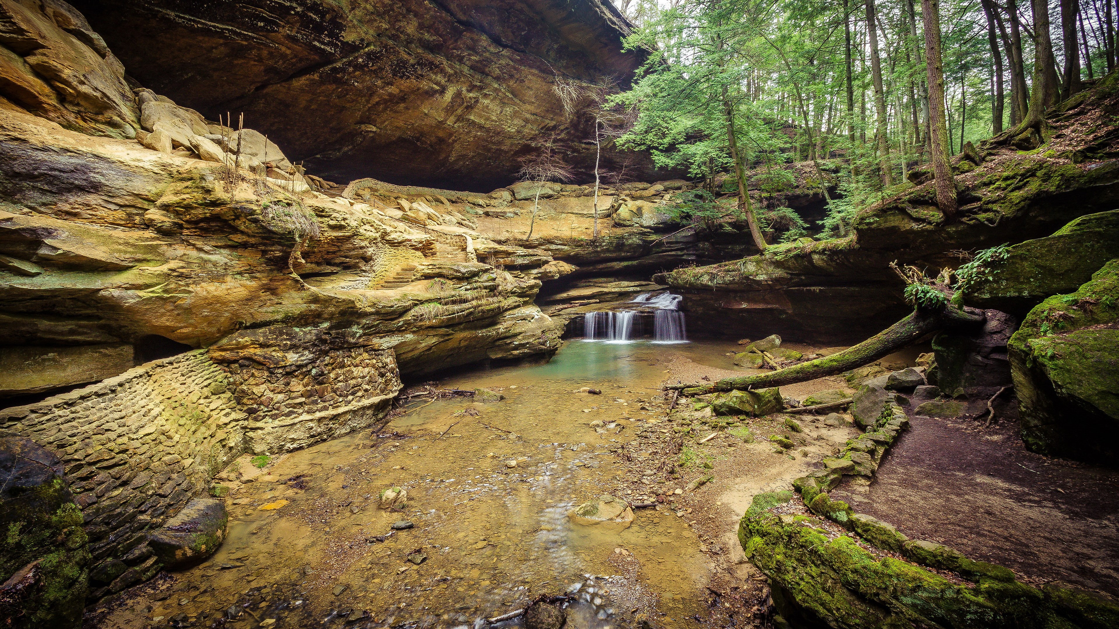 rock formation, non-urban scene, plant, solid, nature, scenics - nature, tranquility, 4K, rock - object, tranquil scene, bridge - man made structure, flowing water, HD Wallpaper