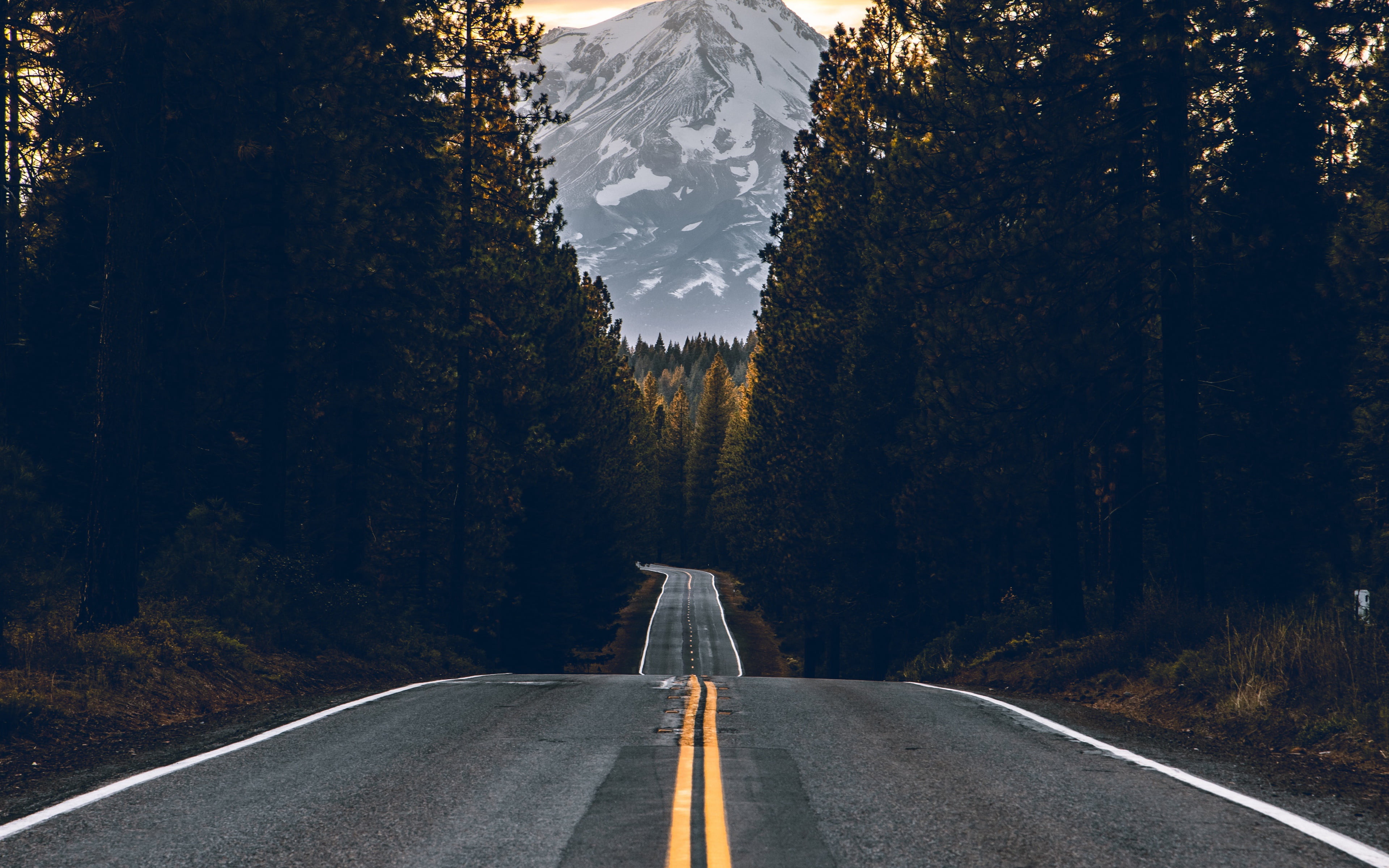 sunbeam, peak, sky, asphalt, road, sunset, trees, snow-covered mountain, 4K, mountain, 4k ultra hd background, landscapes, forest, yellow, nature, view, HD Wallpaper