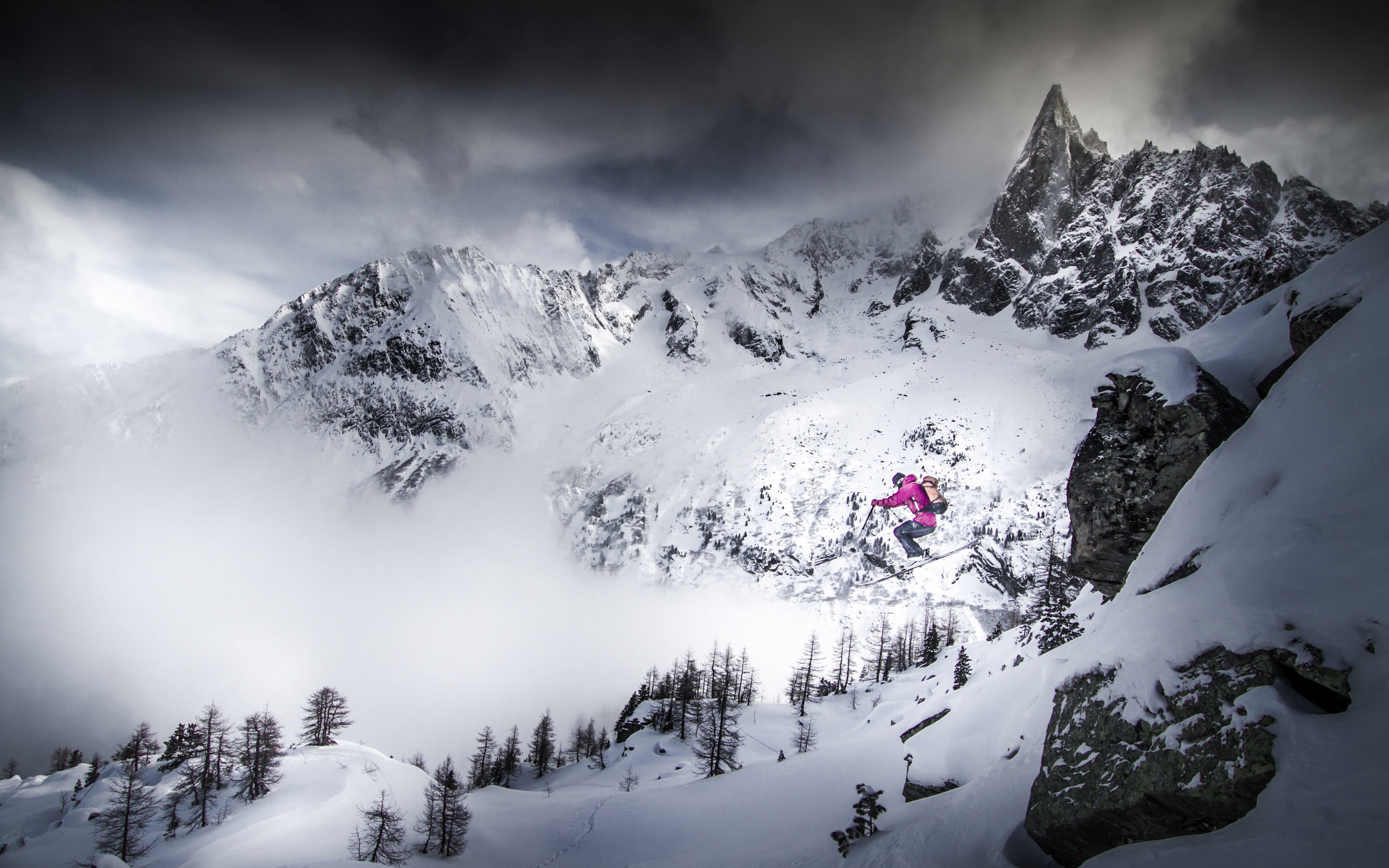 jump, 4K, Mountains, skier backgrounds, skiing, snow, Background Ultra HD 4K, HD Wallpaper