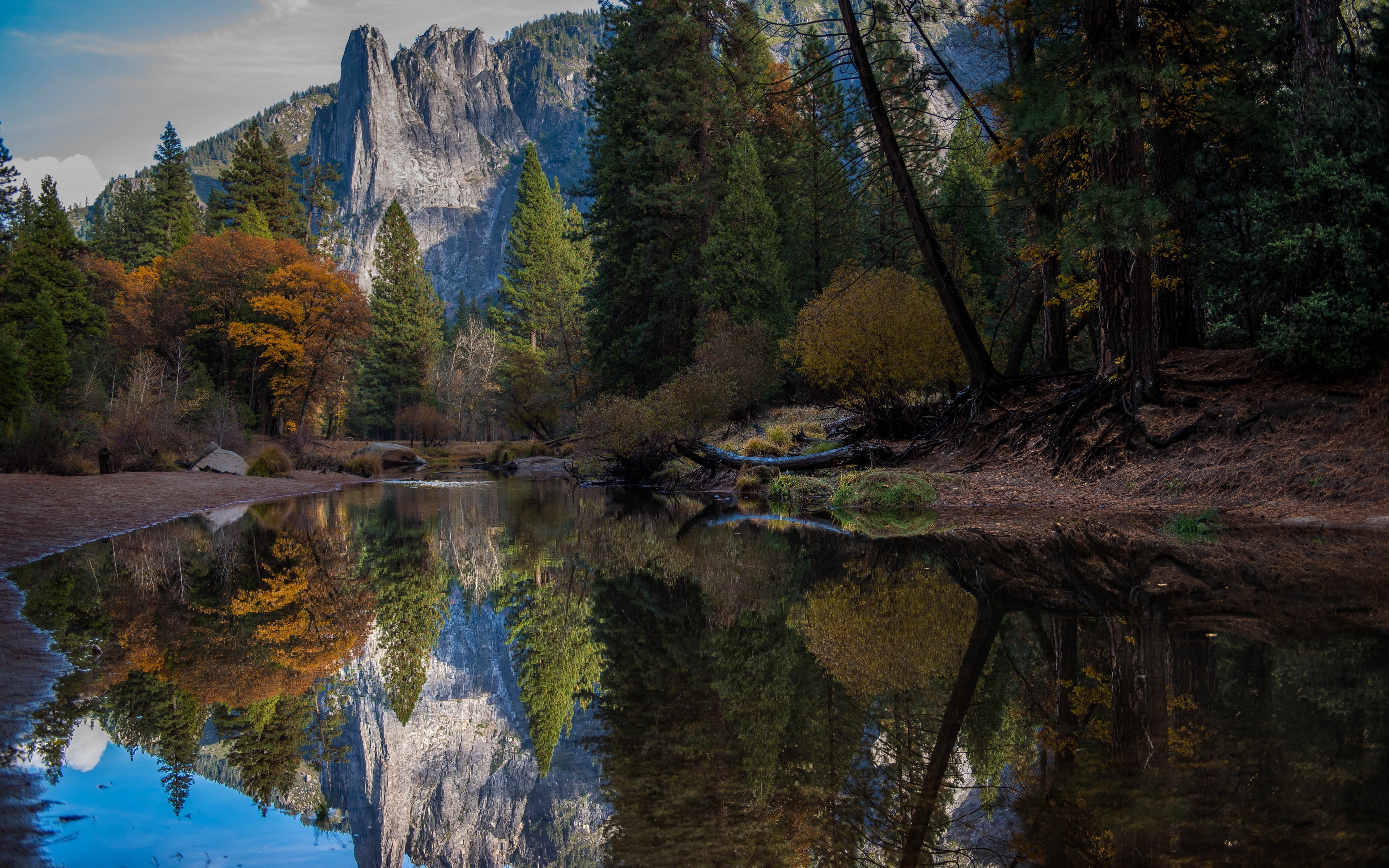 mountains, nature, 4K, 4k ultra hd background, California, leaves, autumn, trees, reflection, foliage, lake, valley, forest, USA, " National Yosemite Park", HD Wallpaper