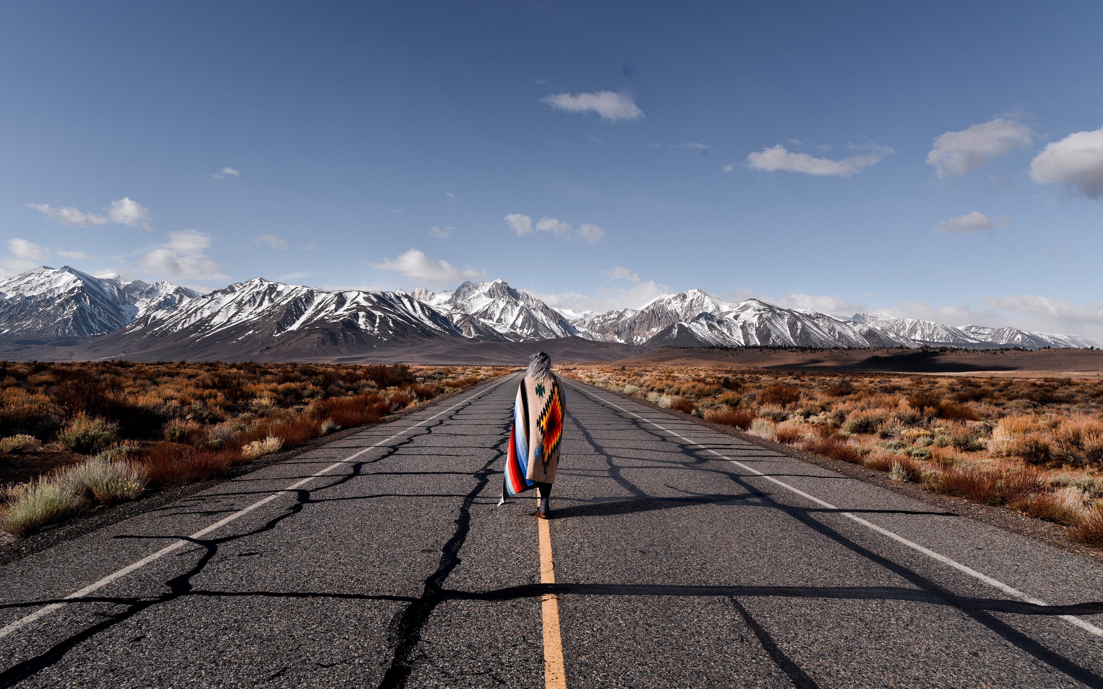 alone, moods, 4k ultra hd background, girl, road, 4K, sky, highway, mood, solitude, bushes, snow-covered mountains, roadway, landscapes, girls, walking, HD Wallpaper